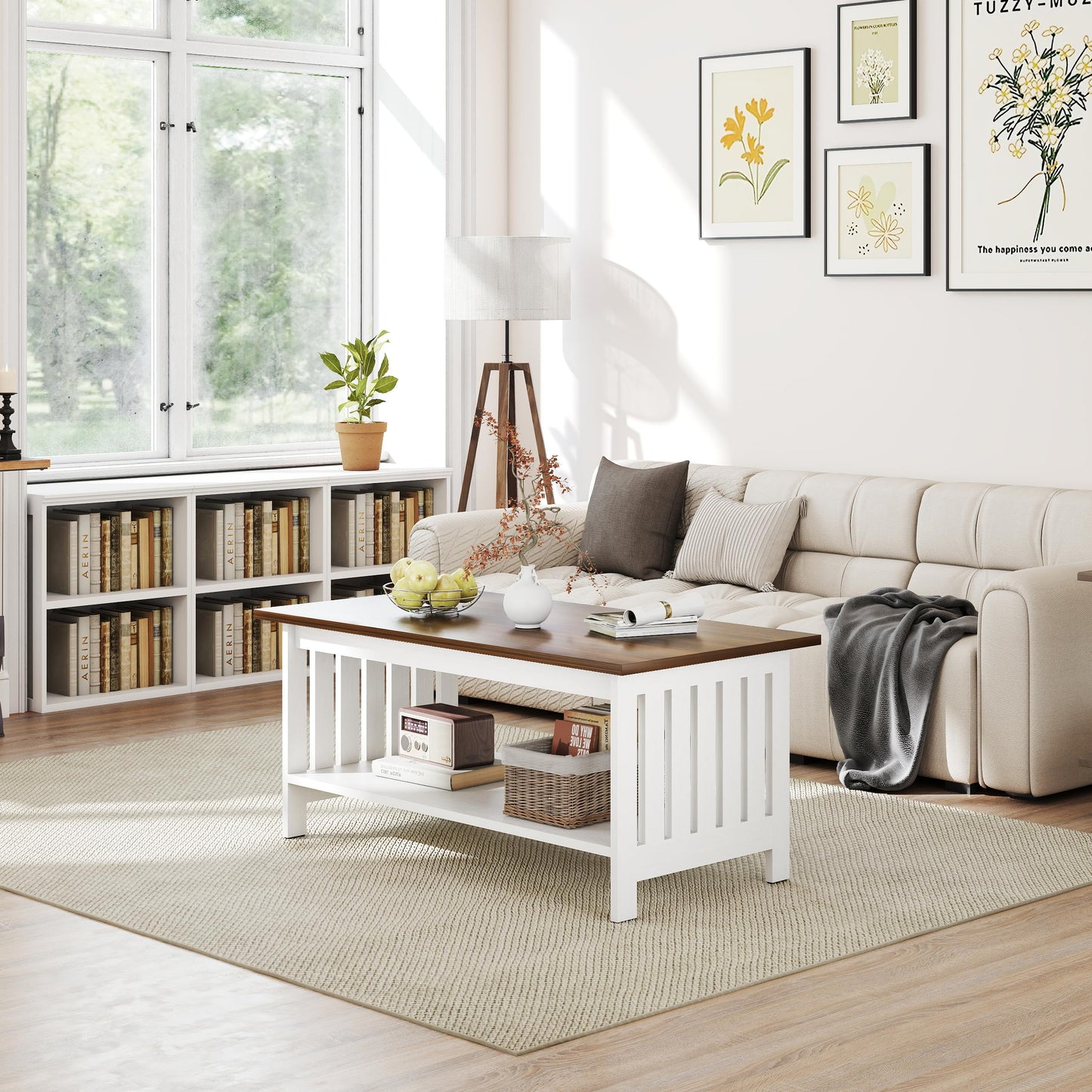 YOSHOOT 39.4" Farmhouse Coffee Table - Coffee Tables for Living Room, Small Coffee Table with Storage, Center Table for Living Room, Bedroom, Office, White