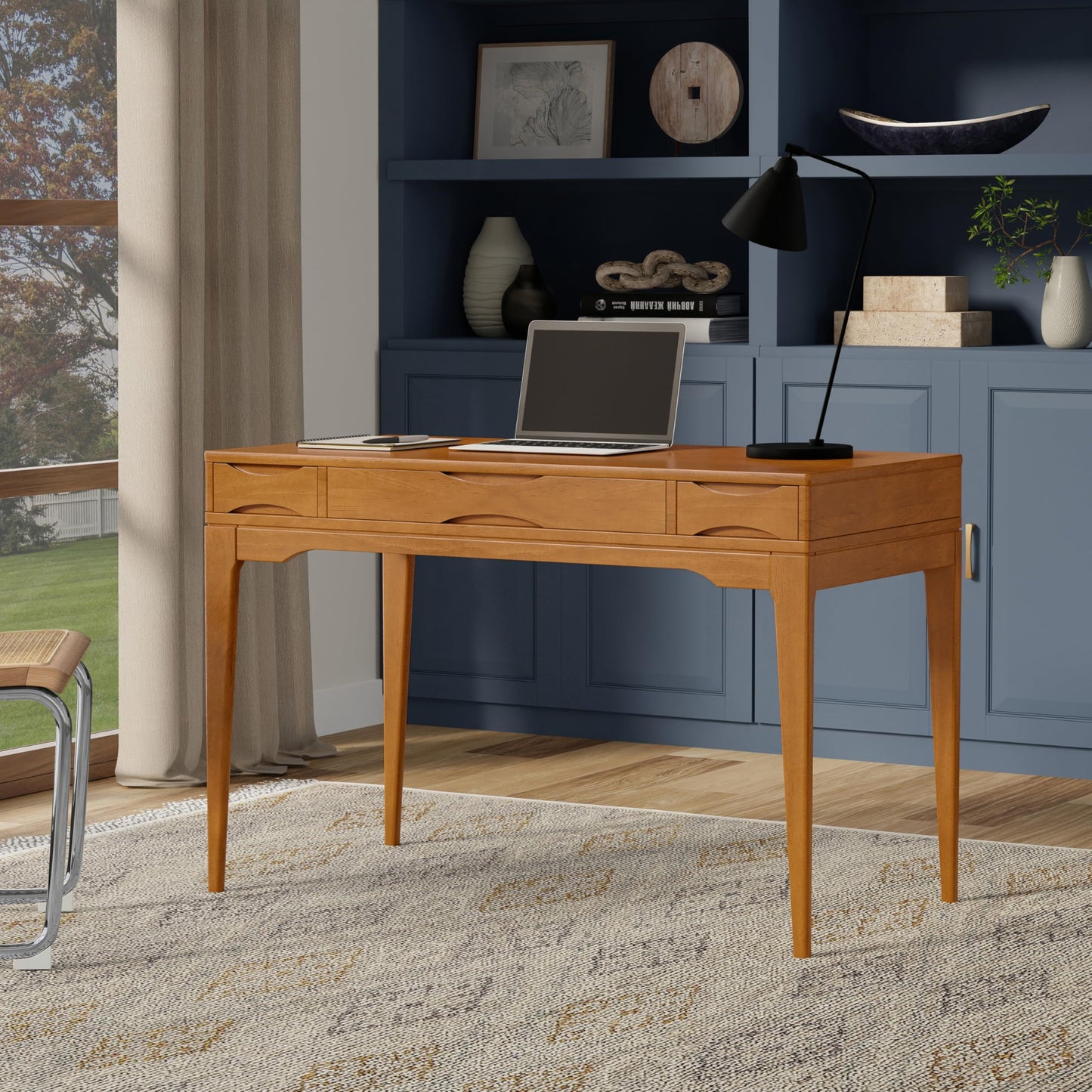 SIMPLIHOME Harper Small Desk - 48 inch Wide Solid Hardwood Writing Desk in Light Golden Brown, Mid-Century Modern Home Office Table for Study or Work with 2 Drawers and Flip-Down Keyboard Tray