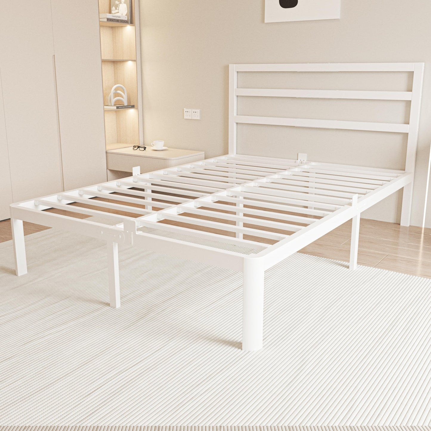 ZKQ 14 Inch Full Bed Frame with Headboard, White Metal Full Size Bed Frame, No Box Spring Need, Anti-Slip Gaskets, Noise-Free, Heavy Duty Steel Platform Support, Easy Assembly