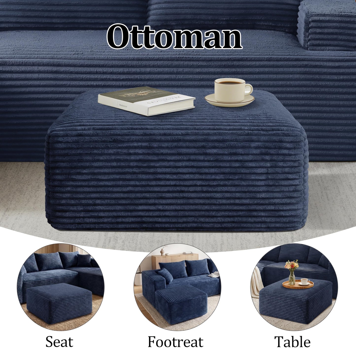 Corduroy Ottoman, Modern Boneless Cloud Foot Rest Foam Support, Oversized Modular Sectional Sofa Stool for Living Room, Bedroom & Small Spaces, No Assembly Required