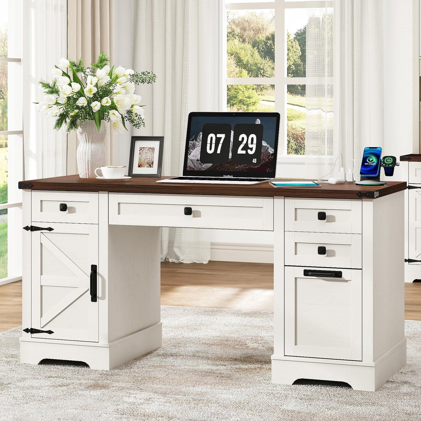 Squireewo 58'' Farmhouse Home Office Desk with Drawers, Wooden Executive Desk with Charging Station, File Drawers and Storage Cabinet, Computer Desk for Work, Study and Writing, Rustic White