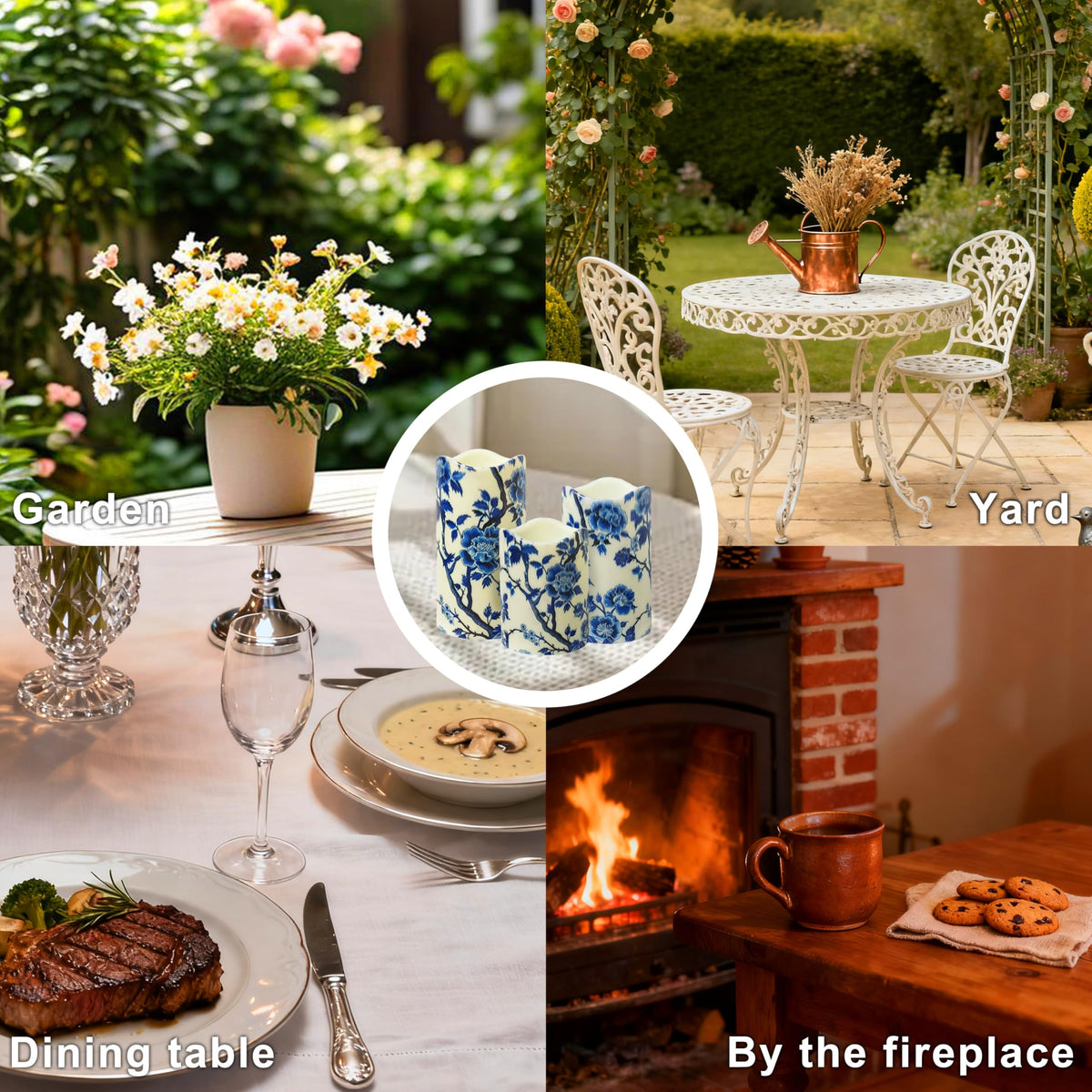 NjaoHoo Flameless Candles 4" 5" 6" Set of 3 Indoor Outdoor Pillars Battery Operated Flickering Candles Include 10-Key Remote Timer Function 500+ Hours (Blue Floral Printed)