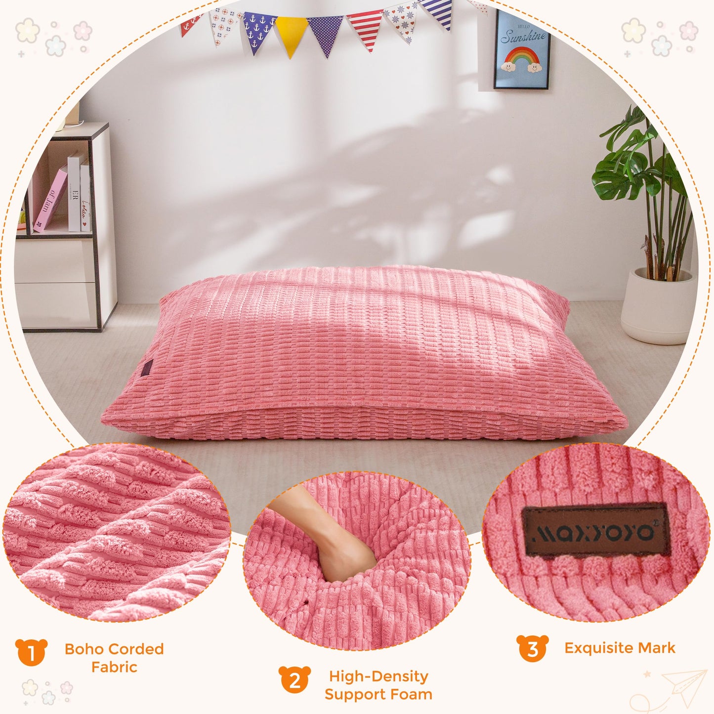 MAXYOYO Kids Bean Bag Chair, 3 in 1 Convertible Bean Bag Sofa with Removable Cover for Children, Soft Floor Lounger with Supportive Shredded Foam Filling, Floor Cushion Chair for Living Room, Playroom