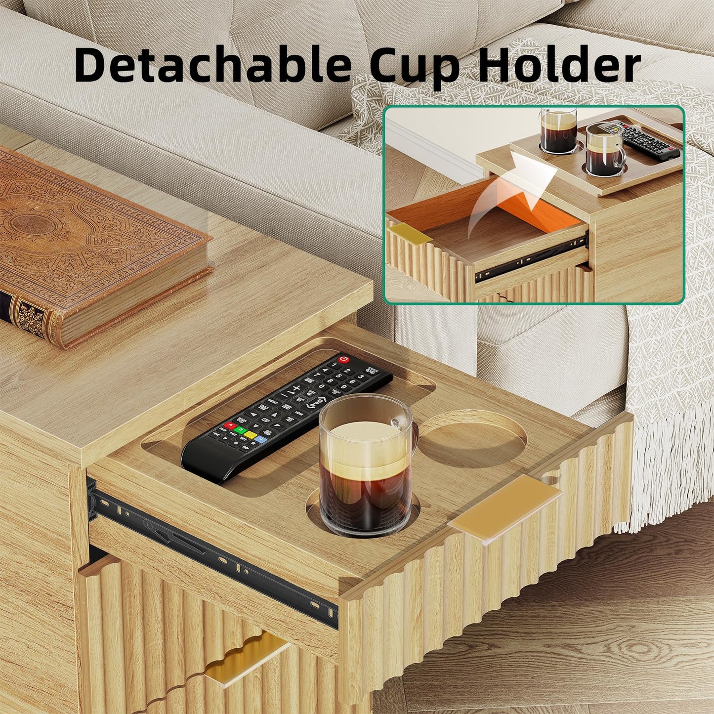 Kalrin Charging Nightstand with Hidden Outlets & 3 Drawers, Modern End Table, Bedside Table with USB Ports, Wave Groove Design, Compact Size, Heavy Duty Engineered Wood, Natural Wood Color