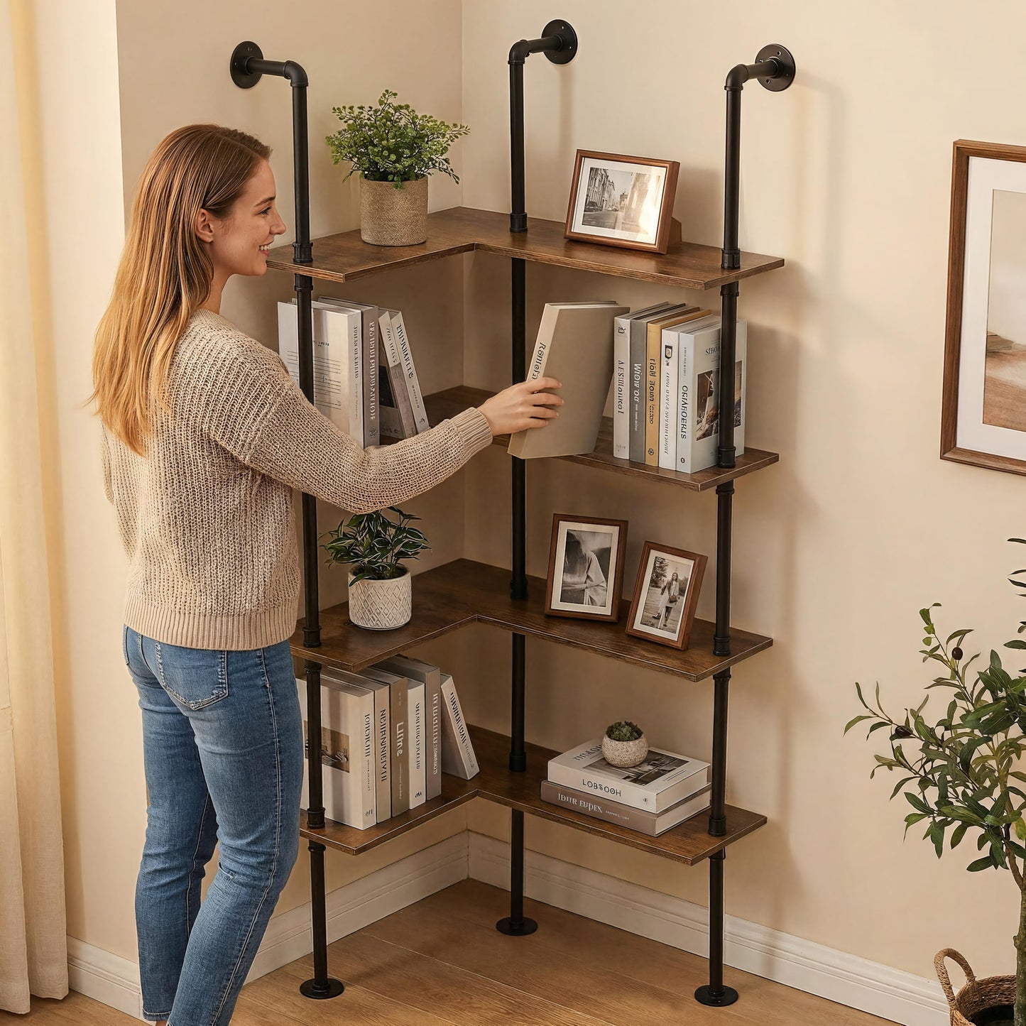 DOFURNILIM Industrial Pipe Corner Bookshelf, Wall Wooden Bookcase with Open Shelves, L Shaped Ladder Pipe Pantry Shelving for Living Room, Bedroom, Home, Office, 4 Tiers
