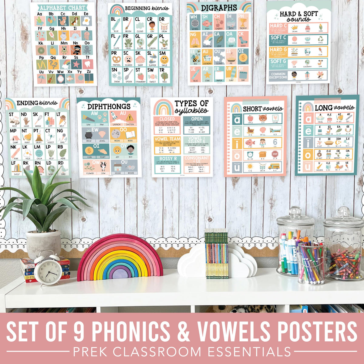 Hadley Designs Phonics Posters for Classroom Must Haves - 9 Sound Wall for Kindergarten & Elementary Teacher Supplies, Syllable, Vowels, Digraphs & Blends Bulletin Board Set, Boho Classrom Decor