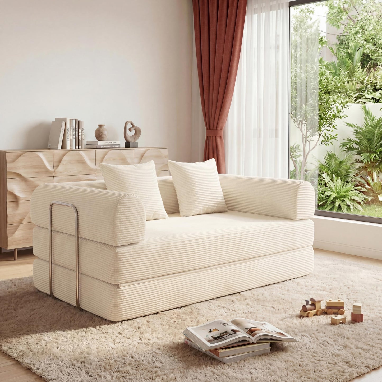 HouseMila 59" Boneless Couch,4-in-1 Futon Sofa Bed Modular Loveseat Sleeper Folding Compressed Couch with Pillows,No Assembly Required Convertible Sofa Bed for Living Room Bedroom Guest Room,Beige