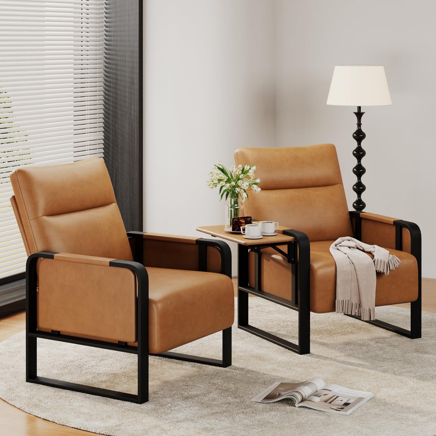 Upholstered Living Room Chair Armchair, Mid Century Faux Leather Metal Accent Chair, Reception Couch Office Guest Chair Slipper Club Lounge Single Sofa with Sidetable for Bedroom-Light Brown