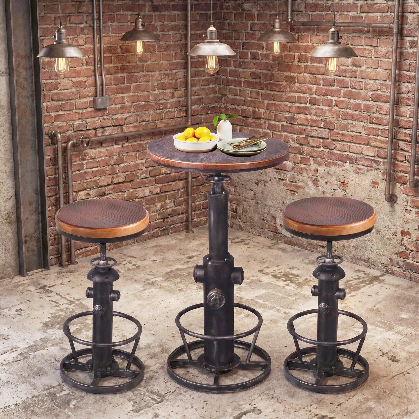 Topower Antique Industrial Round Bottom Adjustable Height Cafe Coffee Retro Vintage Stylish Water Pipe Design Pub Kitchen Bar Stool (Silver, Wooden Top)