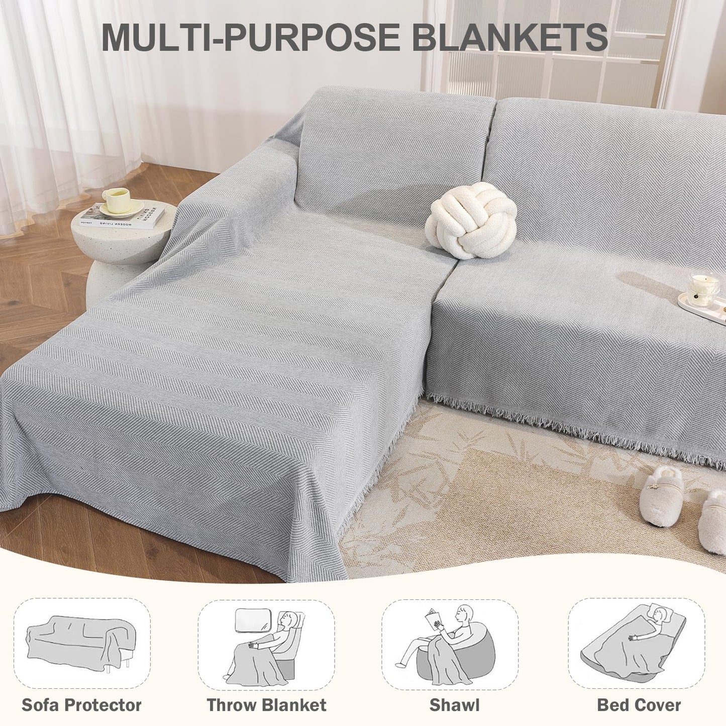 OstepDecor Sectional Couch Covers 2 Pieces, L Shaped Couch Cover Blanket, Sectional Sofa Cover Washable, Chaise Lounge Sofa Slipcovers Pet Furniture Protector for Dogs (71"x118"+91"x134", Light Grey)