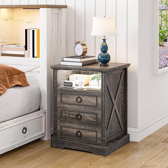Nightstand with Charging Station, Farmhouse End Side Table with 3 Drawers and