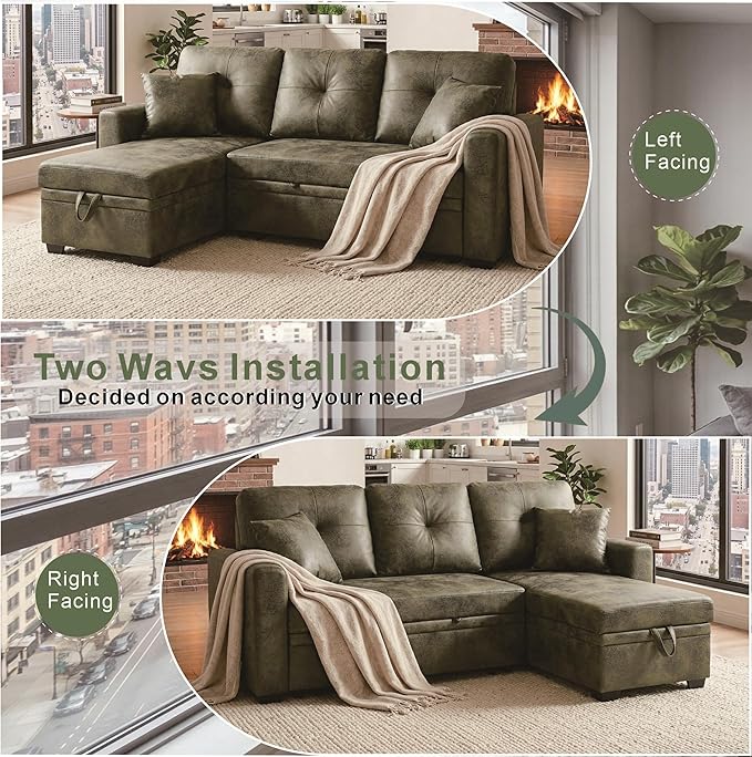 L Shaped Sectional Couch with Storage and Pull Out Bed, 3 Seater Sleeper Sofas