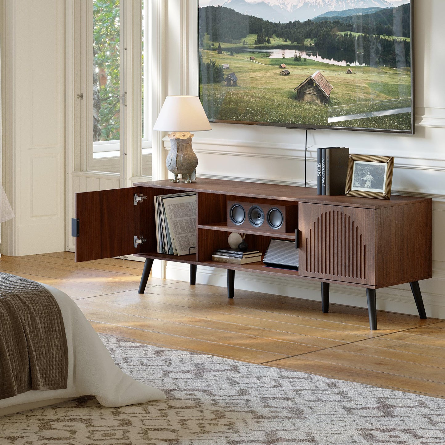 ChooChoo TV Stand for Living Room, Mid Century Modern TV Stand for 55/60 Inch TVs, Entertainment Center with Storage Cabinet and Open Shelves, TV Console Table Media Cabinet for Bedroom, Walnut