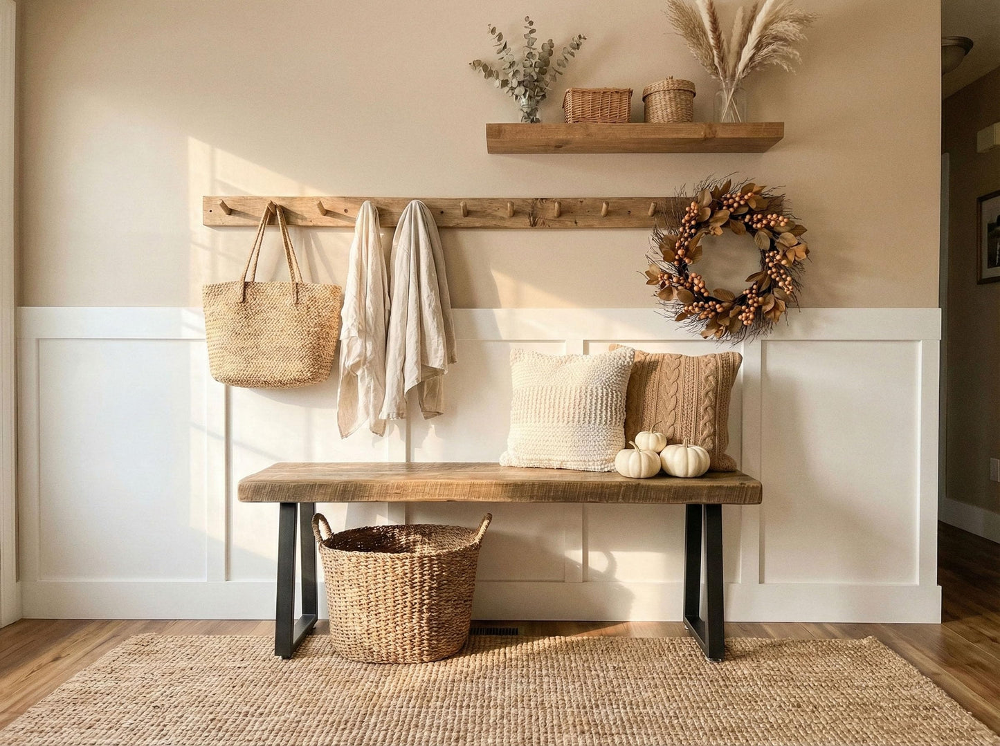 MY VINTAGE FINDS Rustic Revival Reclaimed Barnwood Bench, Solid Wood with Metal Base, Modern Farmhouse Style, 2-Inch Thick Top, for Entryway, Bedroom, Living Room (38x12)