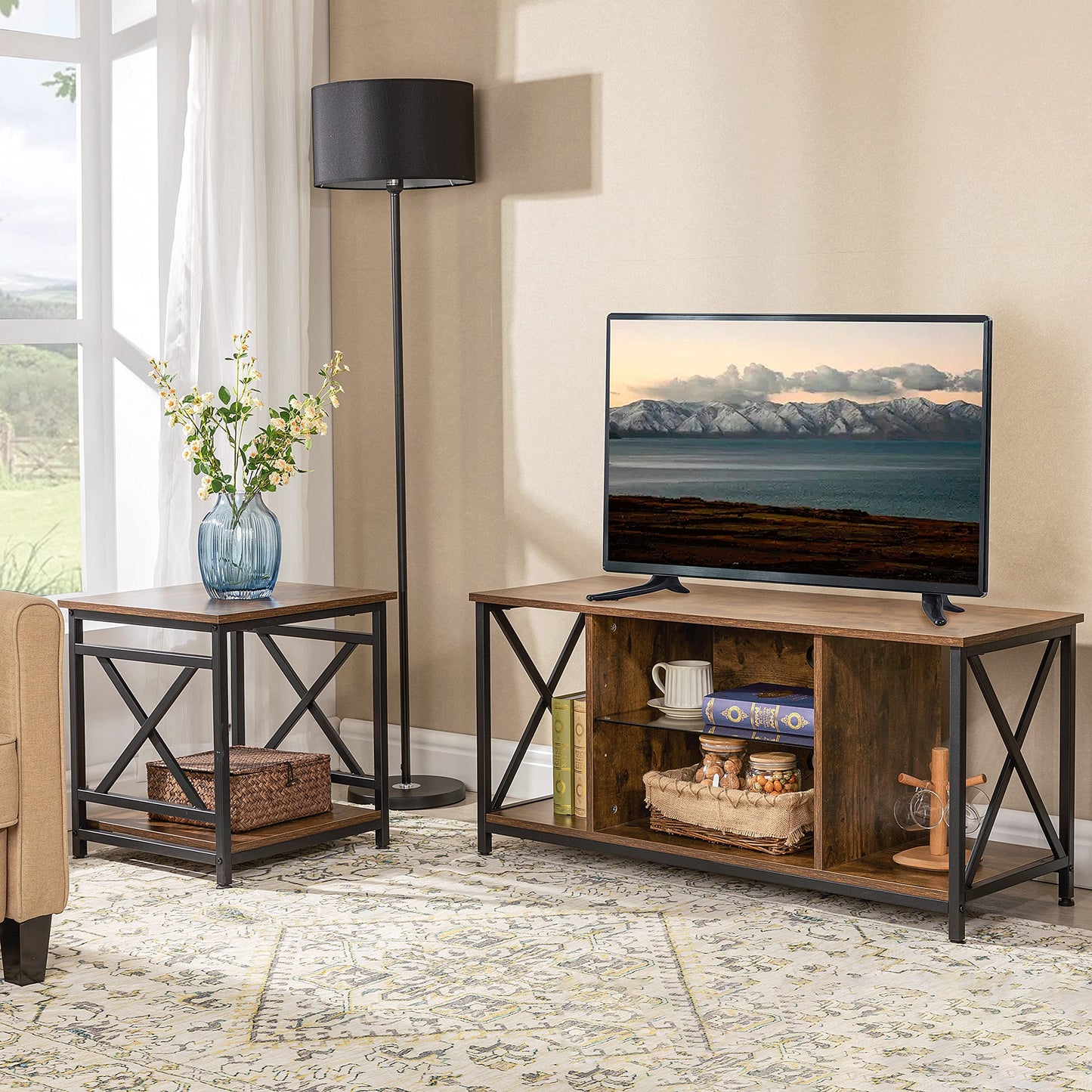 KSWIN Industrial End Table, 18" Square Side Table with 2-Tier Storage Shelf, X-Design Metal Frame, Rustic Brown Nightstand Bedside Table for Living Room, Bedroom