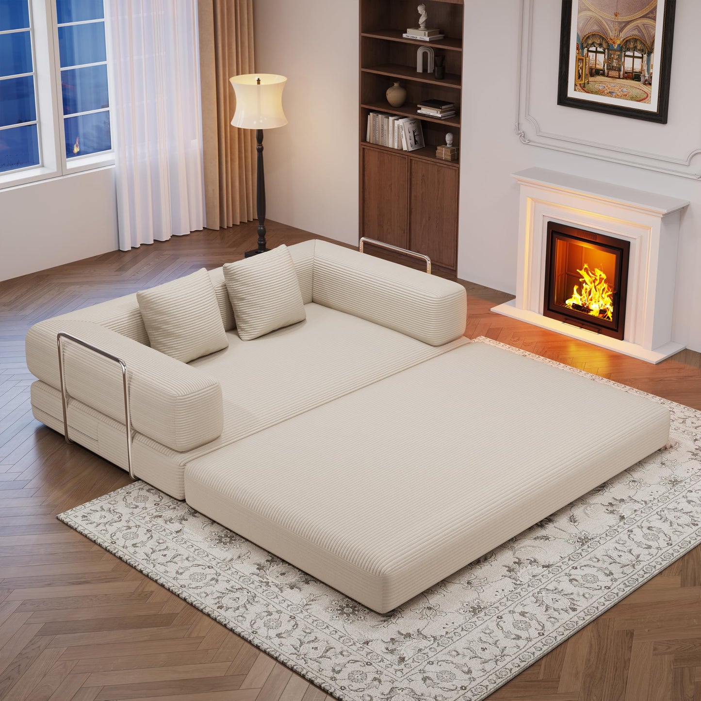 59.0 Inch Convertible Sofa Bed, 4-in-1Futon Sofas Bed Pull Out Sleeper Couch, Modern Deep Seat Sofa for Living Room, Corduroy Boneless Couches for Bedroom, Apartment, No Assembly Beige, 2 Seat