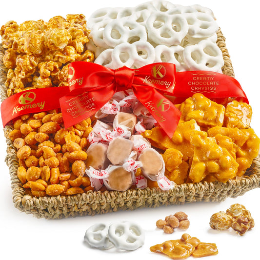KREMERY Creamy Chocolate Cravings Chocolate Covered Pretzels, Nuts, Candy & Caramel Popcorn (Classic, 1.5 lbs) Sweet Treats in Seagrass Tray with Ribbon Kosher Arrangement
