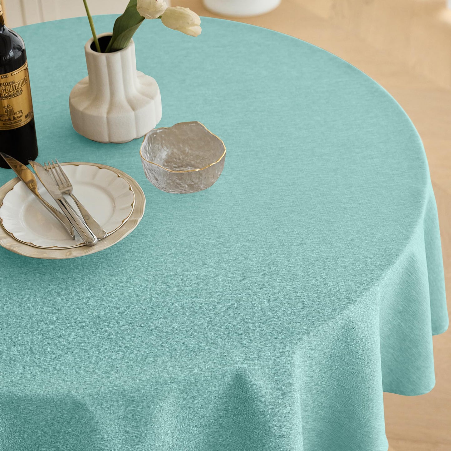 Decorelia Waterproof Round Linen Texture Tablecloth 60 inch, Decorative Farmhouse Tablecloths Anti-Scratch Table Cover for Holiday, Banquet, Dining& Kitchen Table (60 Inch, Round (2-4 Seats), Aqua)