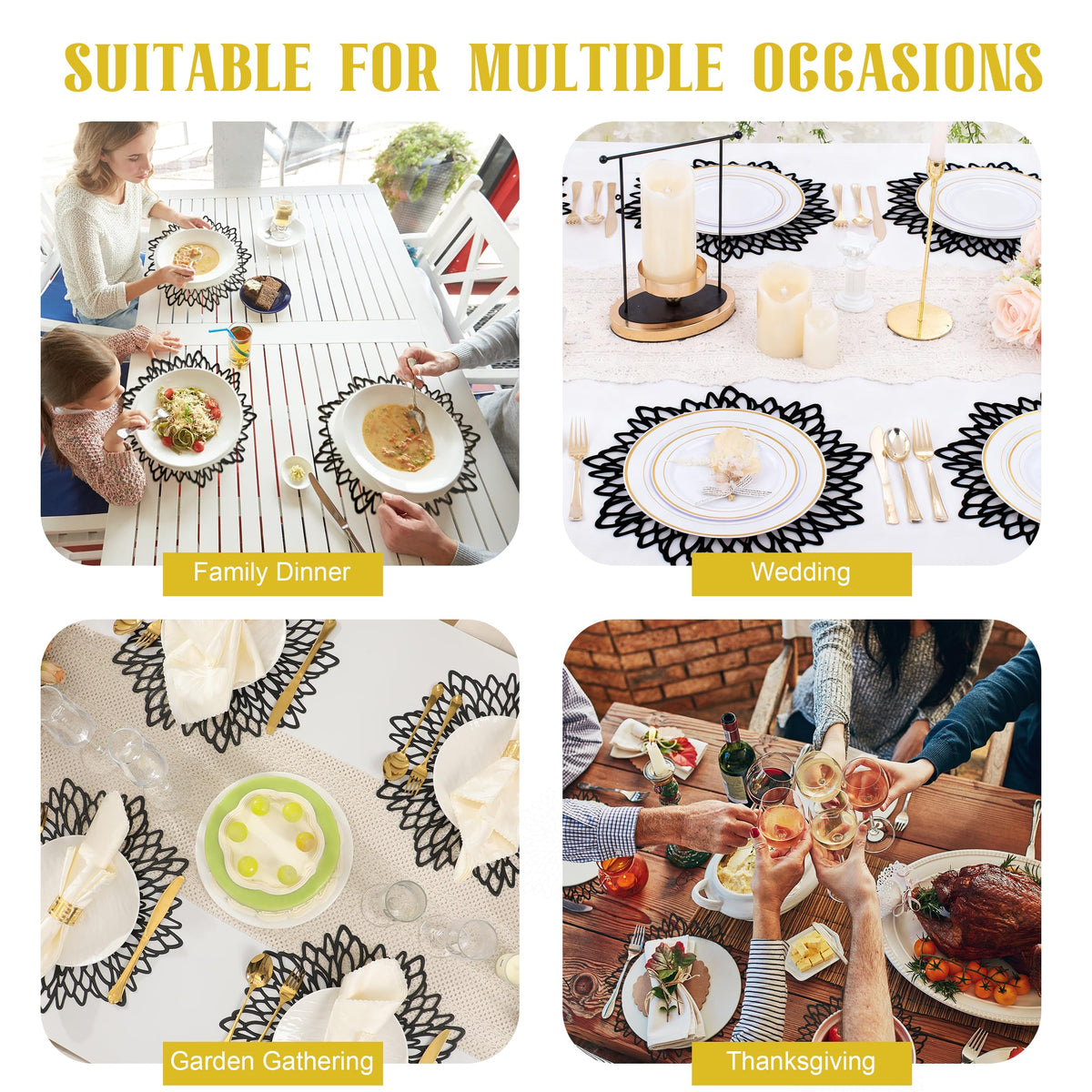 Set of 6 Round Placemats Black, Heat-Resistant PVC Table Mats with Luxury Metallic Glossy Finish for Thanksgiving Christmas Wedding Party Decor, Easy to Clean