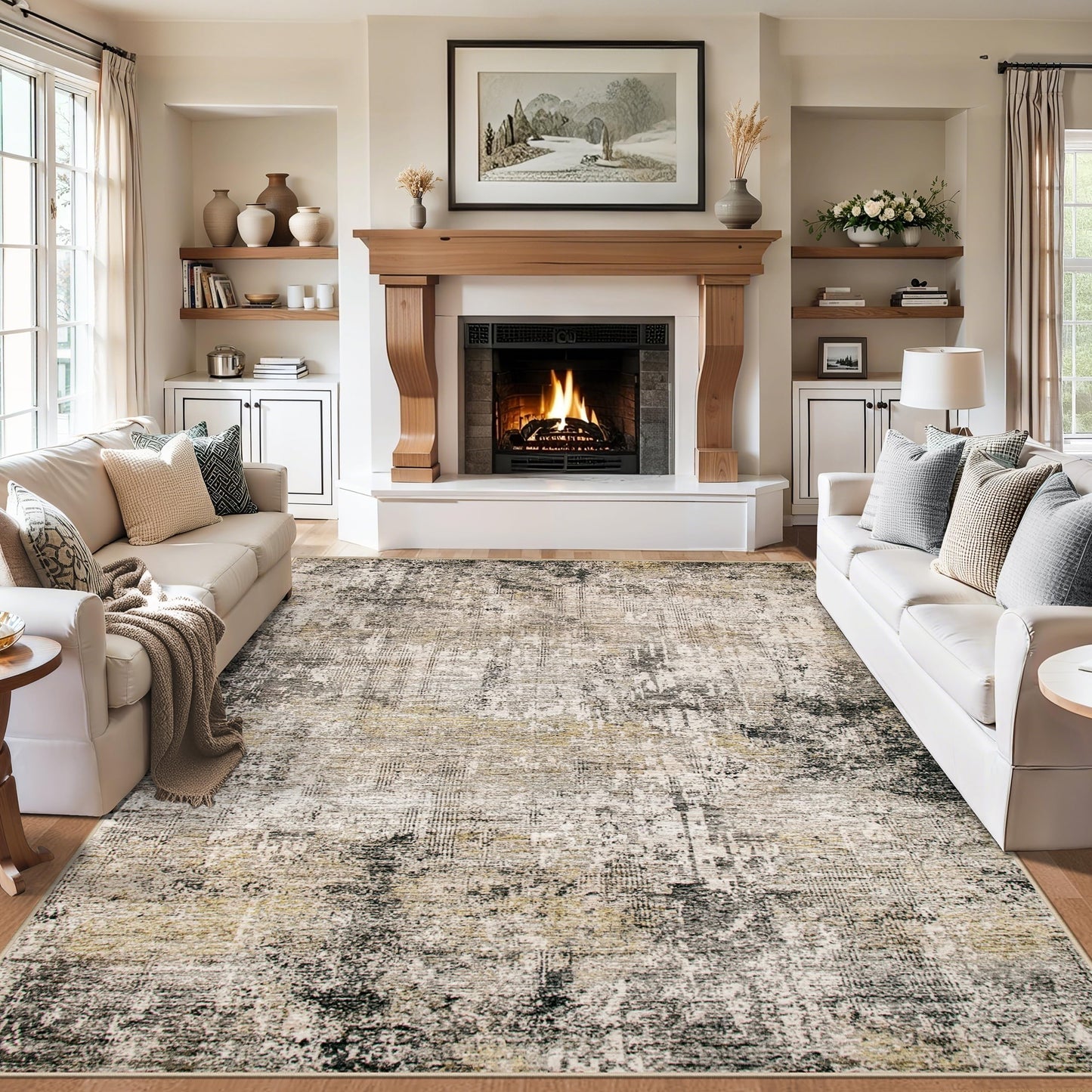 8x10 Area Rugs for Living Room - Washable Rug Modern Abstract Soft Large Neutral Non-Slip Carpet Indoor Floor Thin Carpets for Bedroom Dining Room Farmhouse Nursery Home Office Brown Black Grey