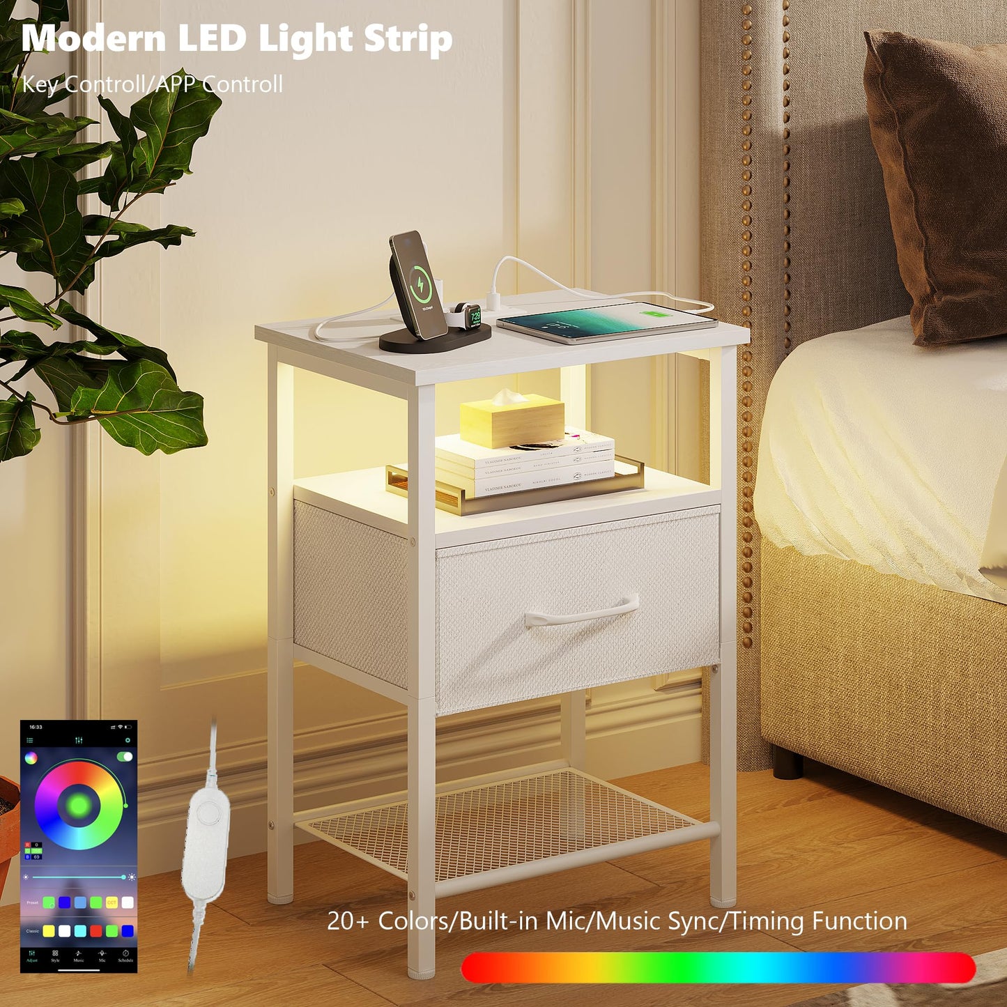 TRIFEBLE Night Stand Set 2, End Table with Charging Station, LED Bedside Table with Fabric Drawer for Bedroom, 3-Tier Side Table with Open Shelf, White