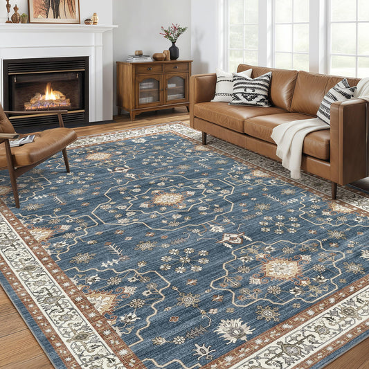 10x12 Area Rug for Living Room- Machine Washable Soft Oriental Vintage Large Indoor Floor Carpet for Bedroom Under Dining Table Home Office Decor - Dark Blue