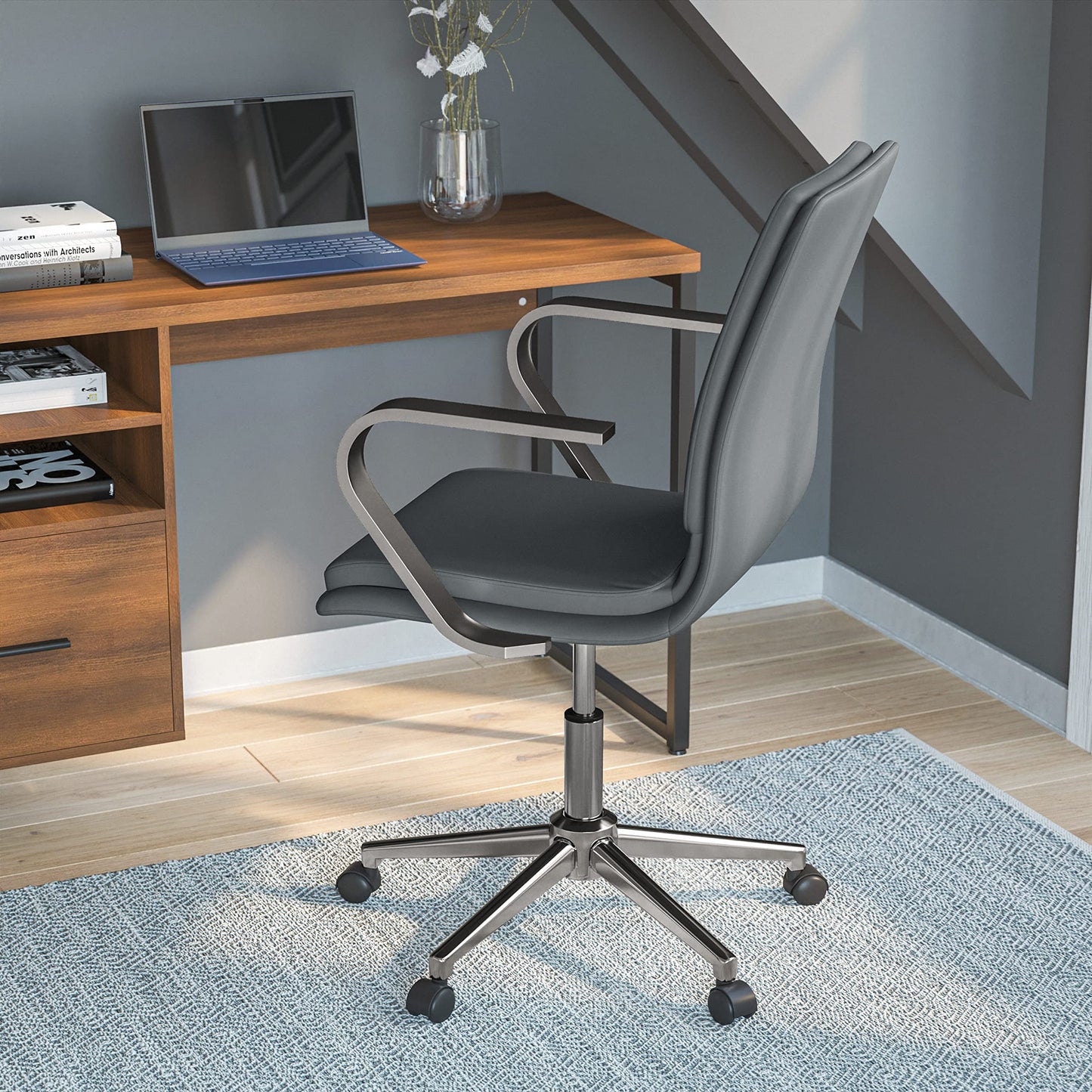 Flash Furniture James Mid-Back Designer Executive Office Chair - Gray LeatherSoft Upholstery - Brushed Chrome Base and Arms - Height Adjustable 360° Swivel Seat