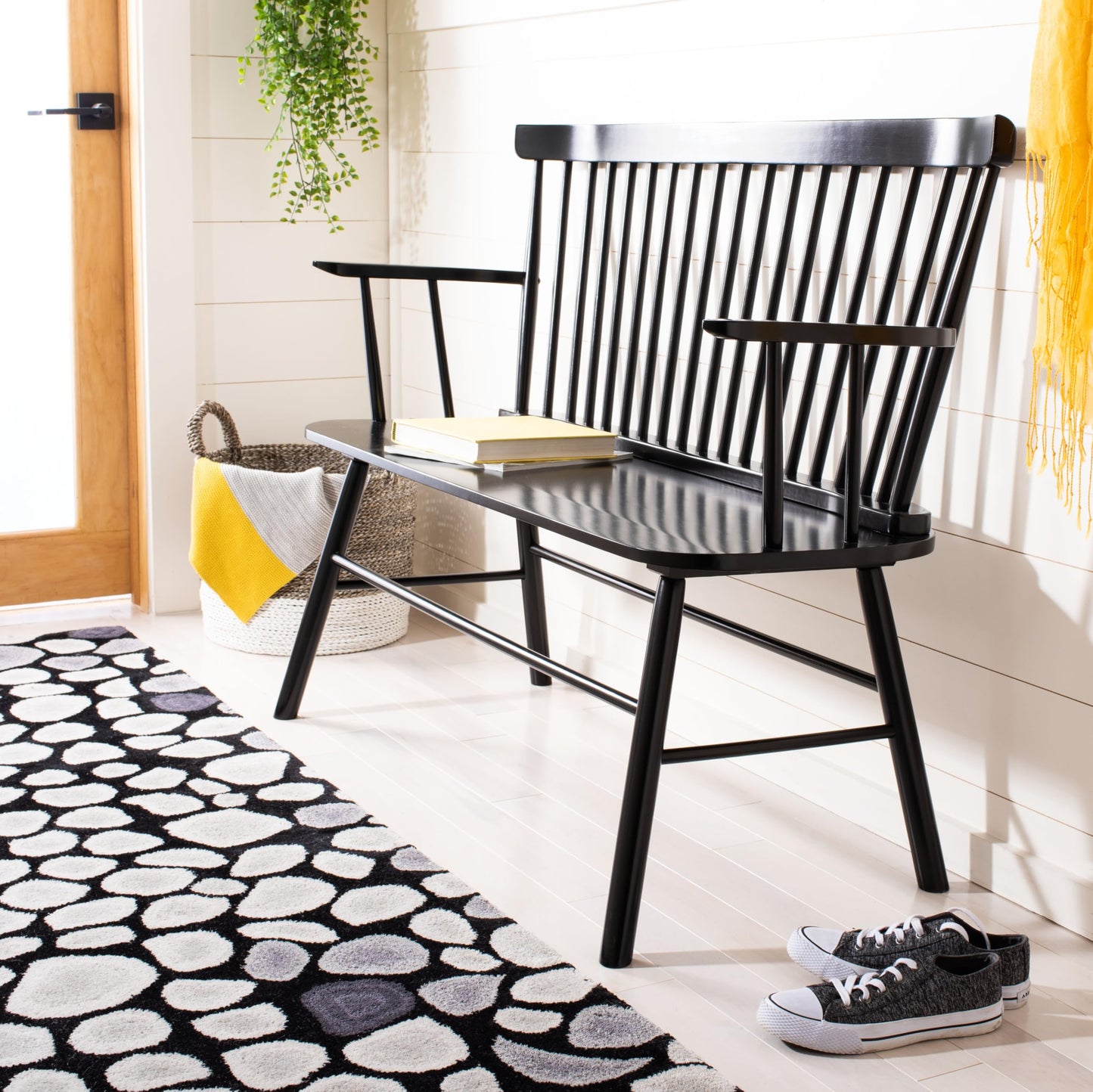 SAFAVIEH Furniture - Addison Loveseat - Black - Solid Wood - Coastal Slatted Design - Ideal for Living Room, Sunroom, Bedroom, 18" Seat Height (AMH8513A)