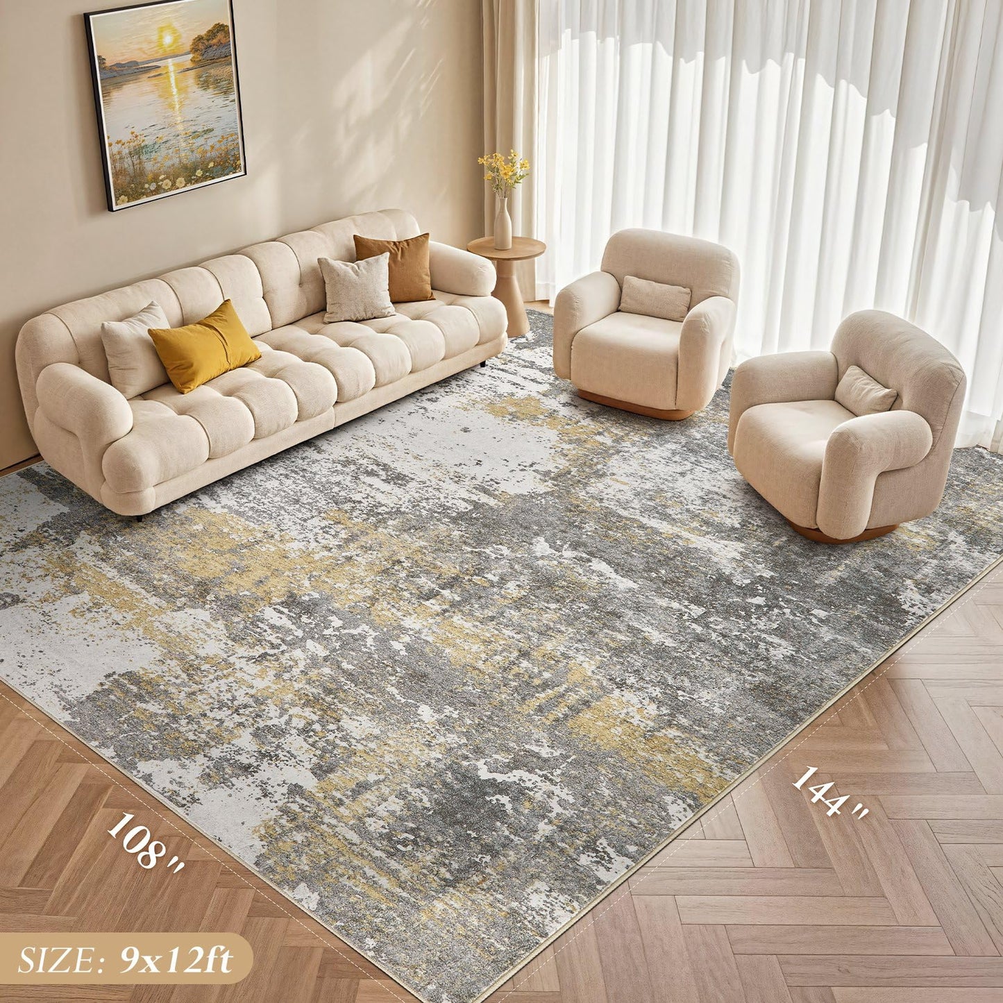 Micgeek Area Rug Living Room - 9X12 Abstract Washable Large Soft Foldable Non Slip Rug Neutral Modern Low Pile Carpet for Bedroom Nursery Dining Room Farmhouse Home Office Indoor - Grey Gold
