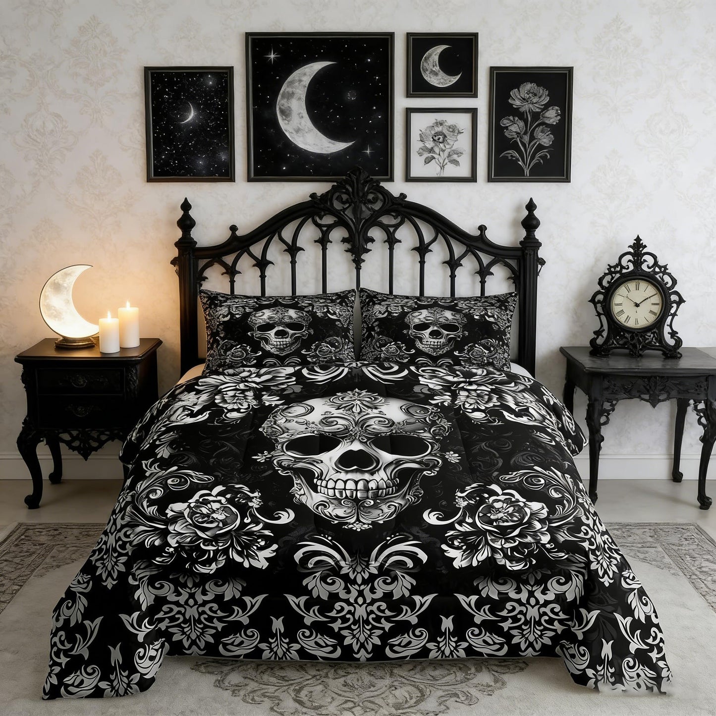 Castle Fairy Sugar Skull Duvet Cover Set Twin Size for Kids Teens Boys,Damask Floral Bedding Sets Girls Women Gothic Style Room Decor,Black Grey Ombre Flower Quilted Duvet 2Pcs 1 Pillowcase