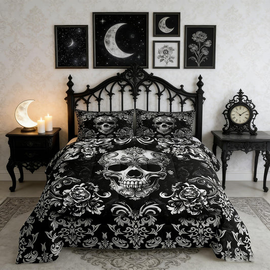 Castle Fairy Sugar Skull Duvet Cover Set Twin Size for Kids Teens Boys,Damask Floral Bedding Sets Girls Women Gothic Style Room Decor,Black Grey Ombre Flower Quilted Duvet 2Pcs 1 Pillowcase