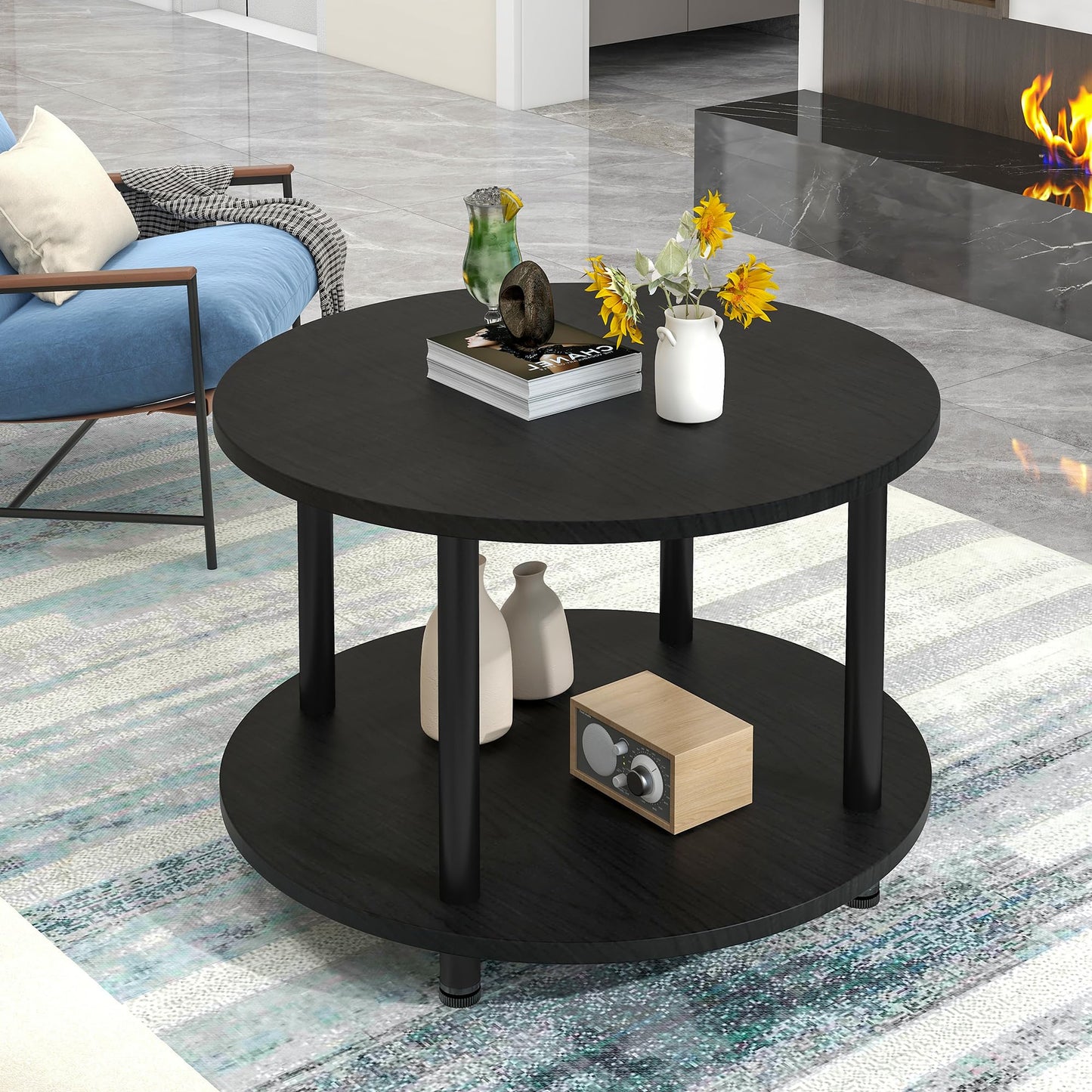 VERFARM 23.6" Round Coffee Table, 2-Tier Small Circle Coffee Table with Storage, Modern Center Accent Table with Metal Frame, Side Table End Table for Small Space, Living Room, Office, Black