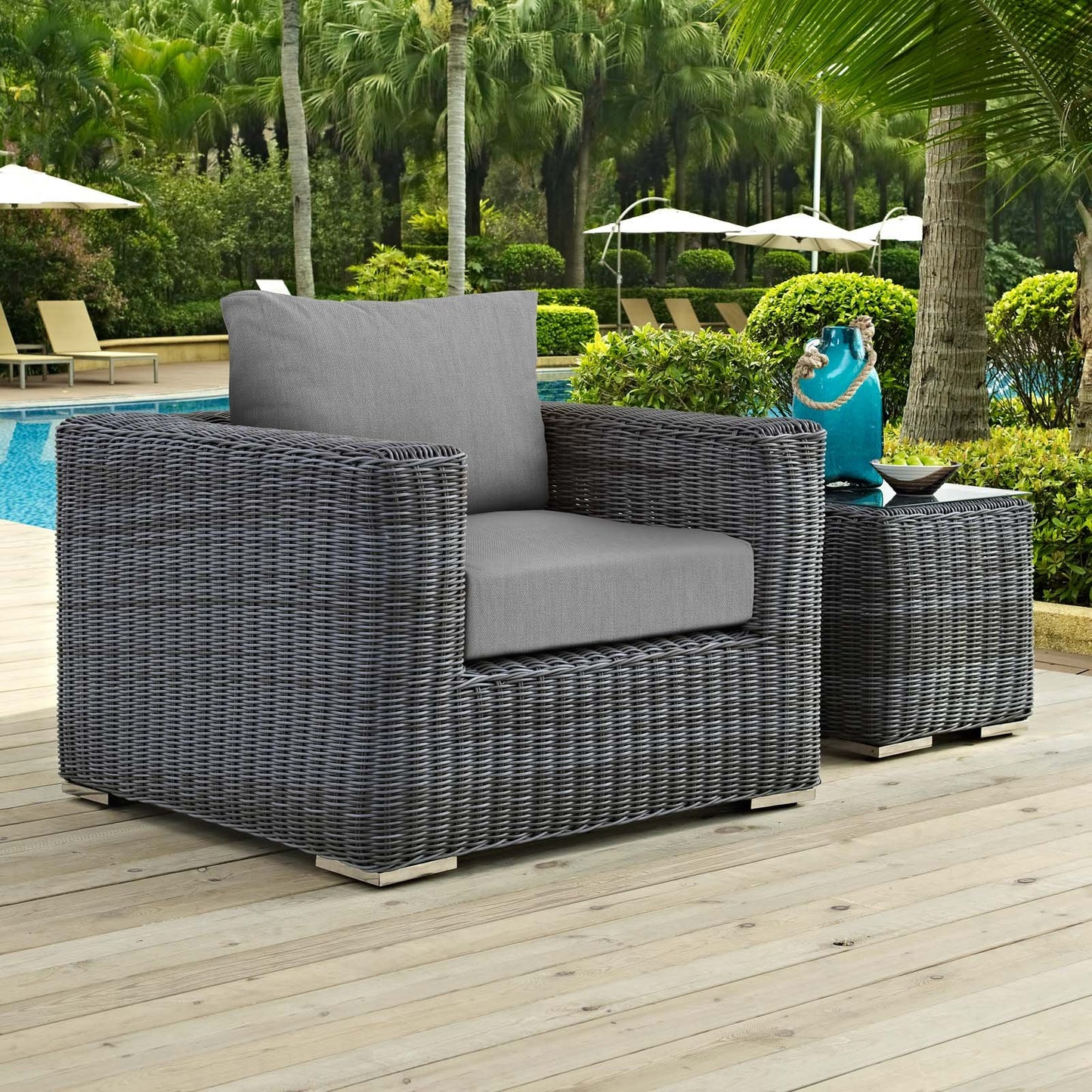 Modway Summon Wicker Rattan Outdoor Patio Sunbrella Armchair in Canvas Gray