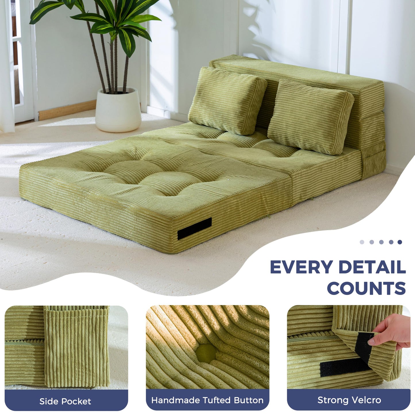 MAXYOYO Convertible Sofa Bed, Fold Out Loveseat Sleeper Sofa with Pillow, 4 in 1 Tufted Folding Couch Bed Foam Floor Couch, Lazy Chair for Living Room Bedroom Guest Room, Green