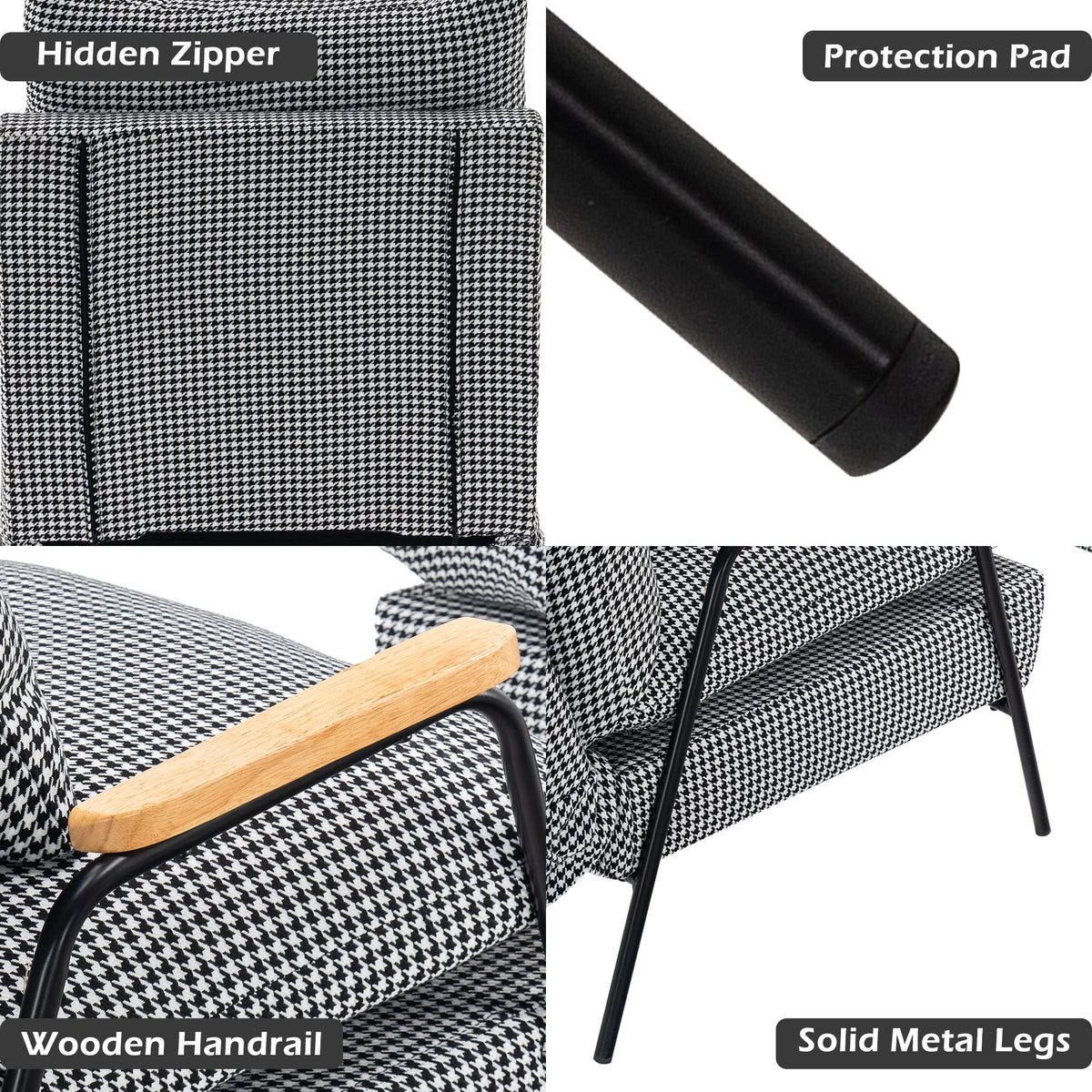 MCombo Accent Recliner Chair with Ottoman, Modern Fabric Armchair, Upholstered Sofa Bed for Living Room Bedroom, Small Space 4055 (Black Frame, Houndstooth)