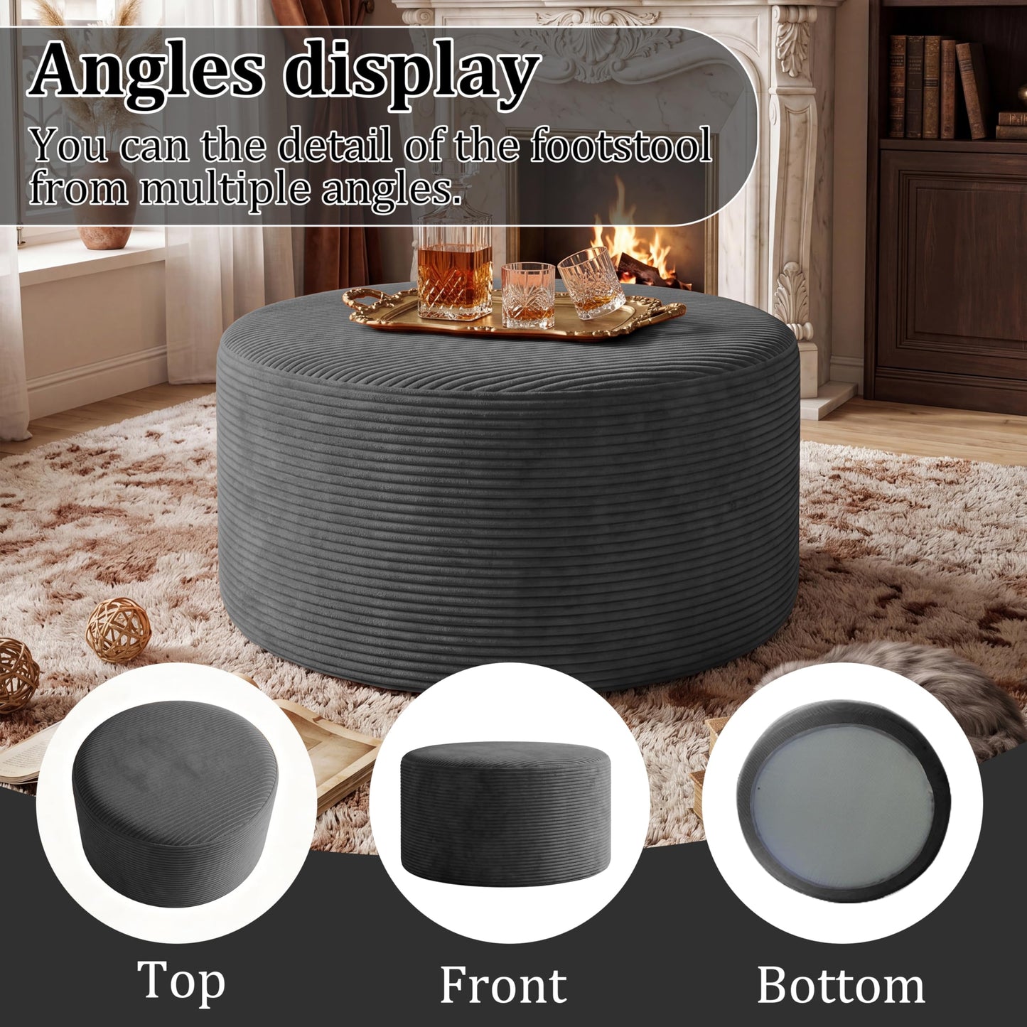 BSHOMGI Round Boneless Ottoman Oversized Ottomans for Living Room, Cloud Rectangle Pouf Coffee Table, Poofy Corduroy Foot Stoolsfor Living Room, Bedroom or Office