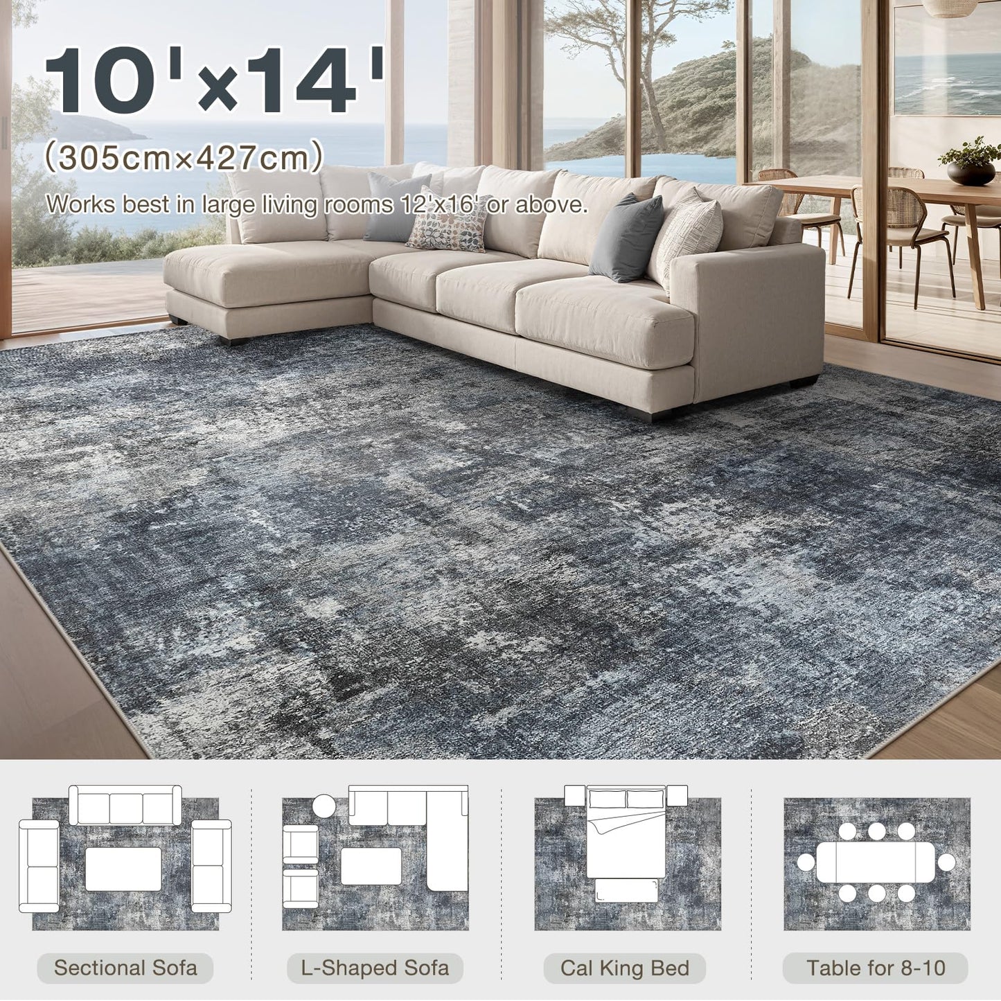 TARANCH Abstract 10x14 Area Rug: Machine Washable Non Slip Ultra Thin Low-Pile Carpet, Soft Stain Resistant for Living Dining Room Bedroom, Kid Pet Friendly, Robot Vacuum Compatible - Dark Grey/Blue
