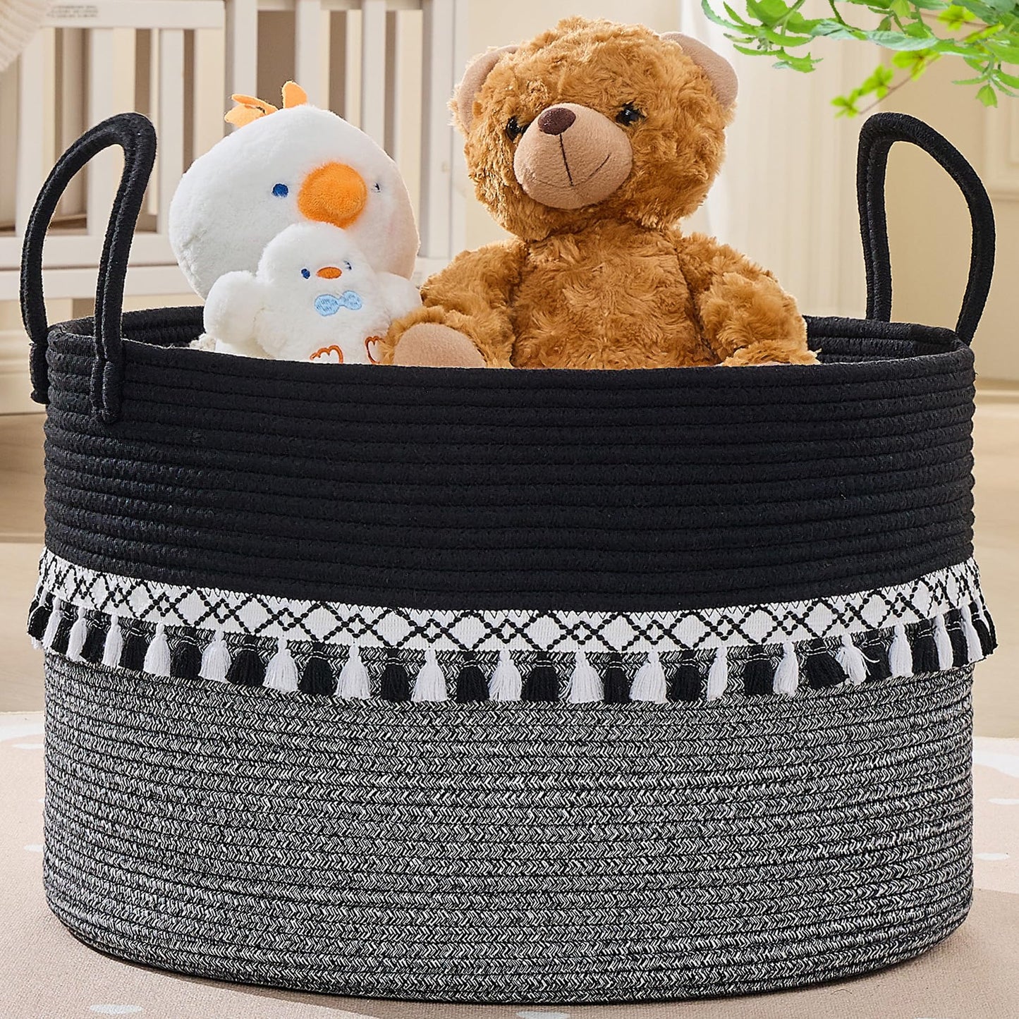 KAKAMAY Cotton Rope Storage Basket (20"x13"),Woven Hamper for Blankets,Toys,Pillows,Clothes,Laundry,Sturdy Handles Decorative Basket for Living Room, Bedroom,Nursery(Black Printing)