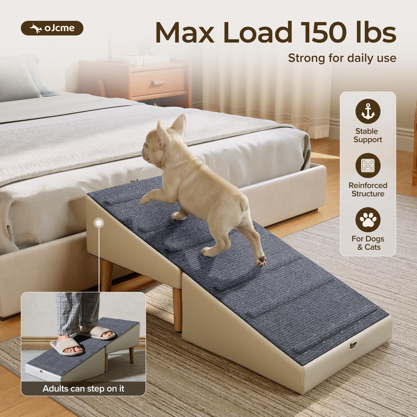 OJCME 2 in 1 Ottoman Dog Ramp with 6 Fabric-Covered Anti-Slip Grip Rails, Paw-Friendly Full Fabric Surface, 15.7 in Wide Stable Folding Pet Ramp Stool for Couch Bed, 4 Leveling Feet, 150 lb Capacity