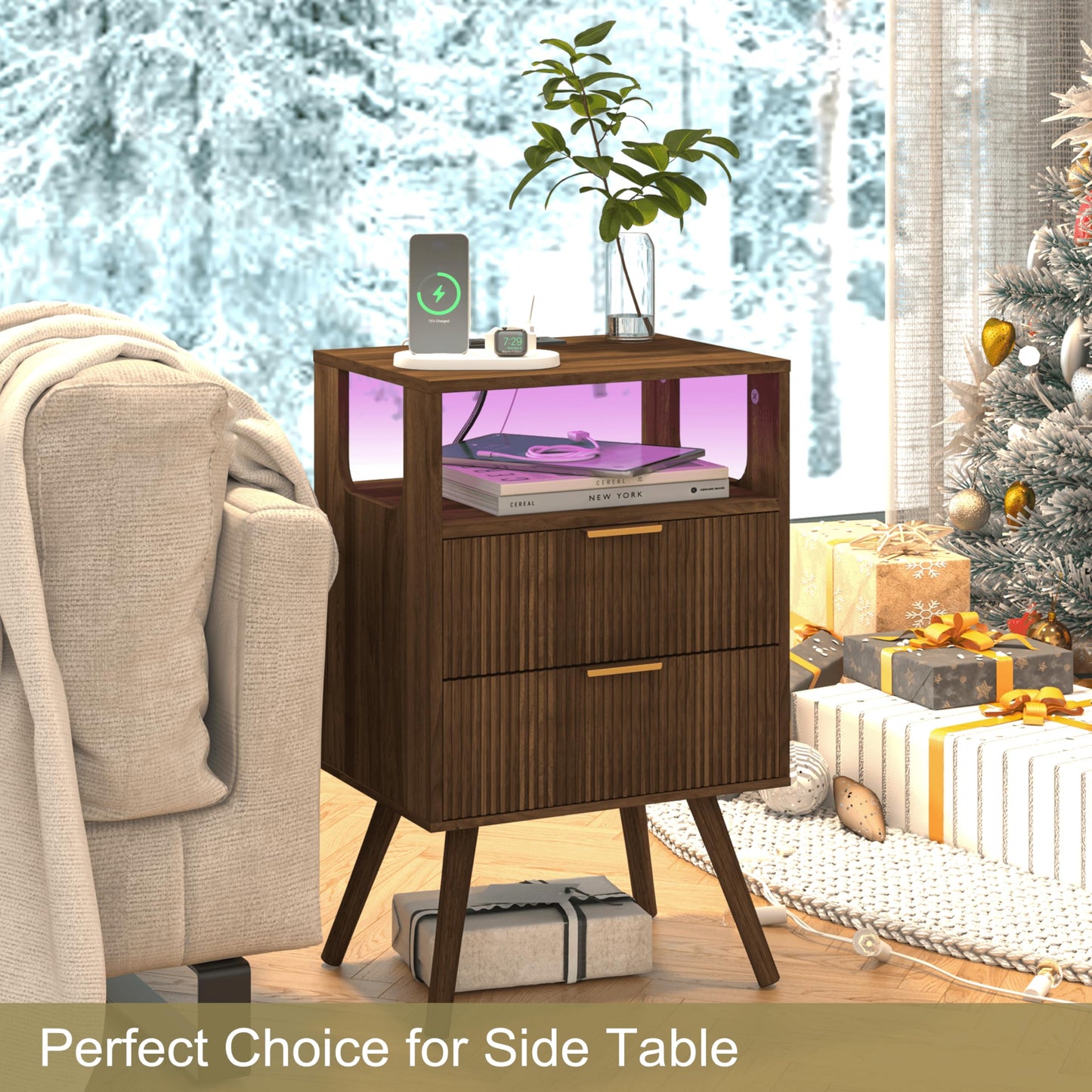 JOONEE Nightstand with Charging Station and LED Lights,Modern Bedside Table with 2 Storage Drawer and Open Wood Shelf, for Bedroom and Small Spaces,Night Stand with Solid Wood Legs,Walnut Brown