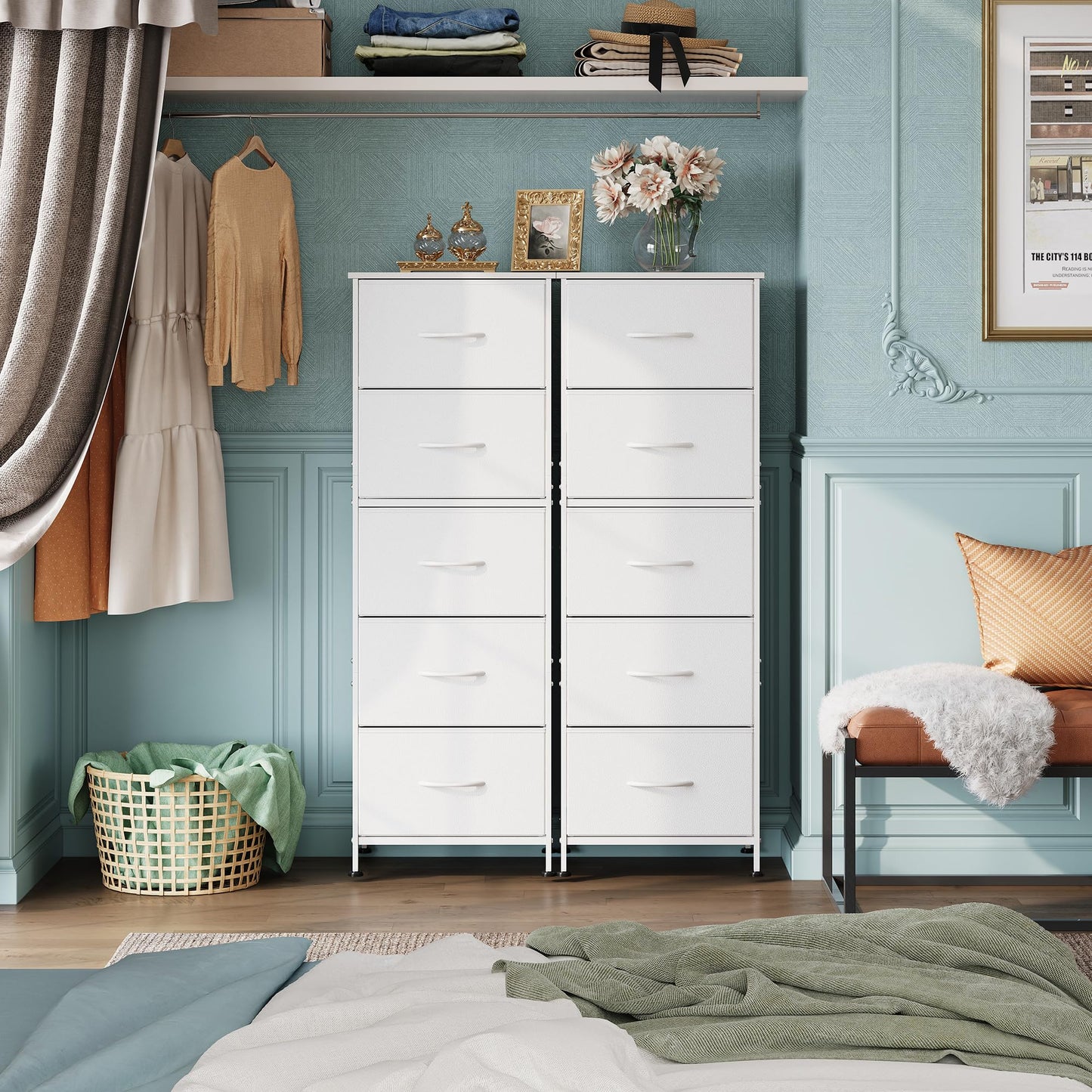 WLIVE Fabric Dresser, 5-Drawer Tall Dressers for Bedroom, Storage Dresser Organizer with Fabric Bins, Wood Top, Sturdy Steel Frame, Chest of Drawers for Closet, Hallway, White