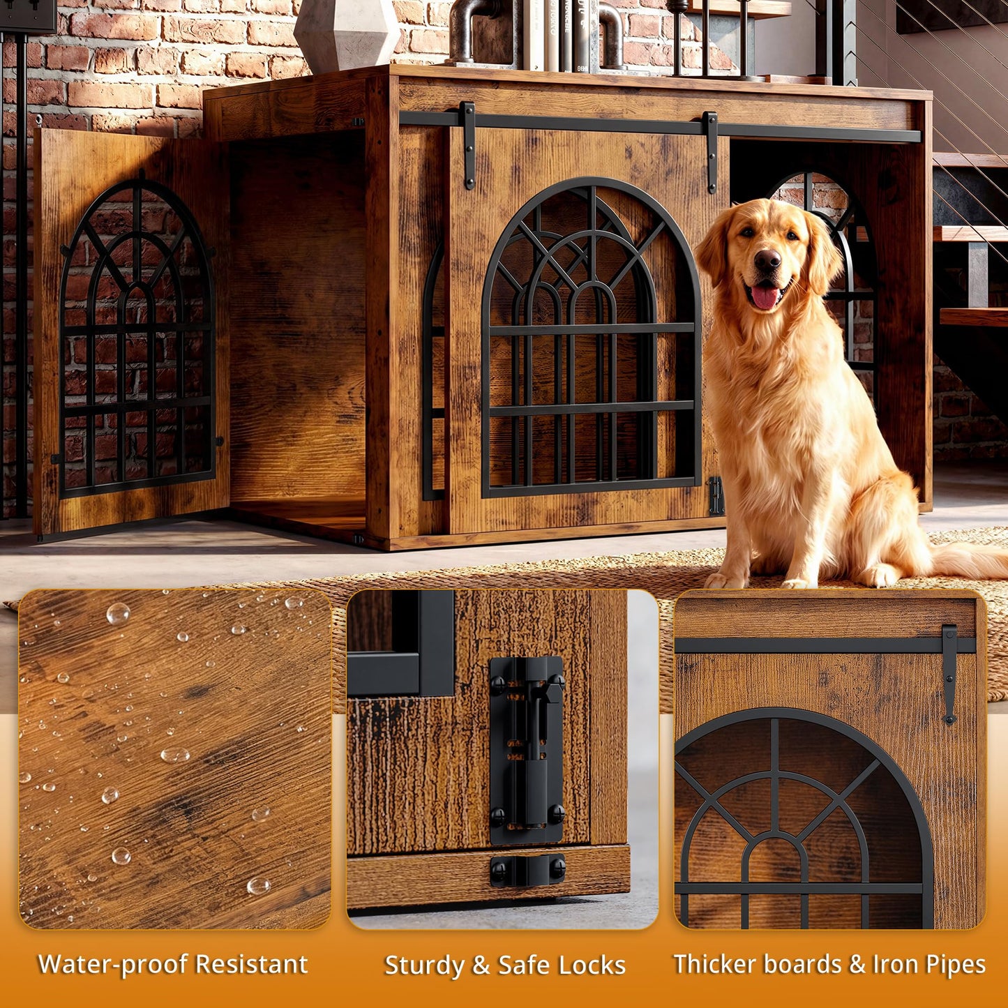 IRONCK 45.1" Dog Crate Furniture with Sliding Barn Door – Mid-Century Modern Wooden Dog Kennel, 2-in-1 TV Stand & Console Table with 3 Hooks, Chew-Resistant, Brown