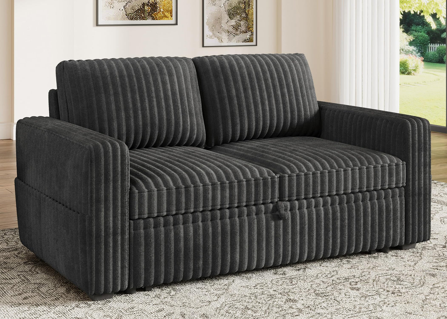 HONBAY Modular Pull Out Sofa Bed,Corduroy Loveseat, Couches for Living Room,Dark Grey
