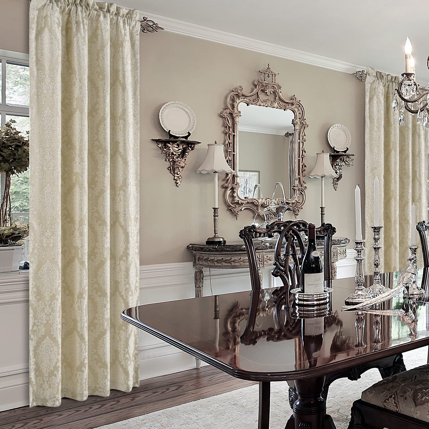 Loom and Mill Luxury Jacquard Curtains for Bedroom, Beige Damask Curtains 2 Panels with Tiebacks, Elegant Window Curtain for Living Room Holiday Banquet Decor(52”Wx 84”L, 2 Panels)