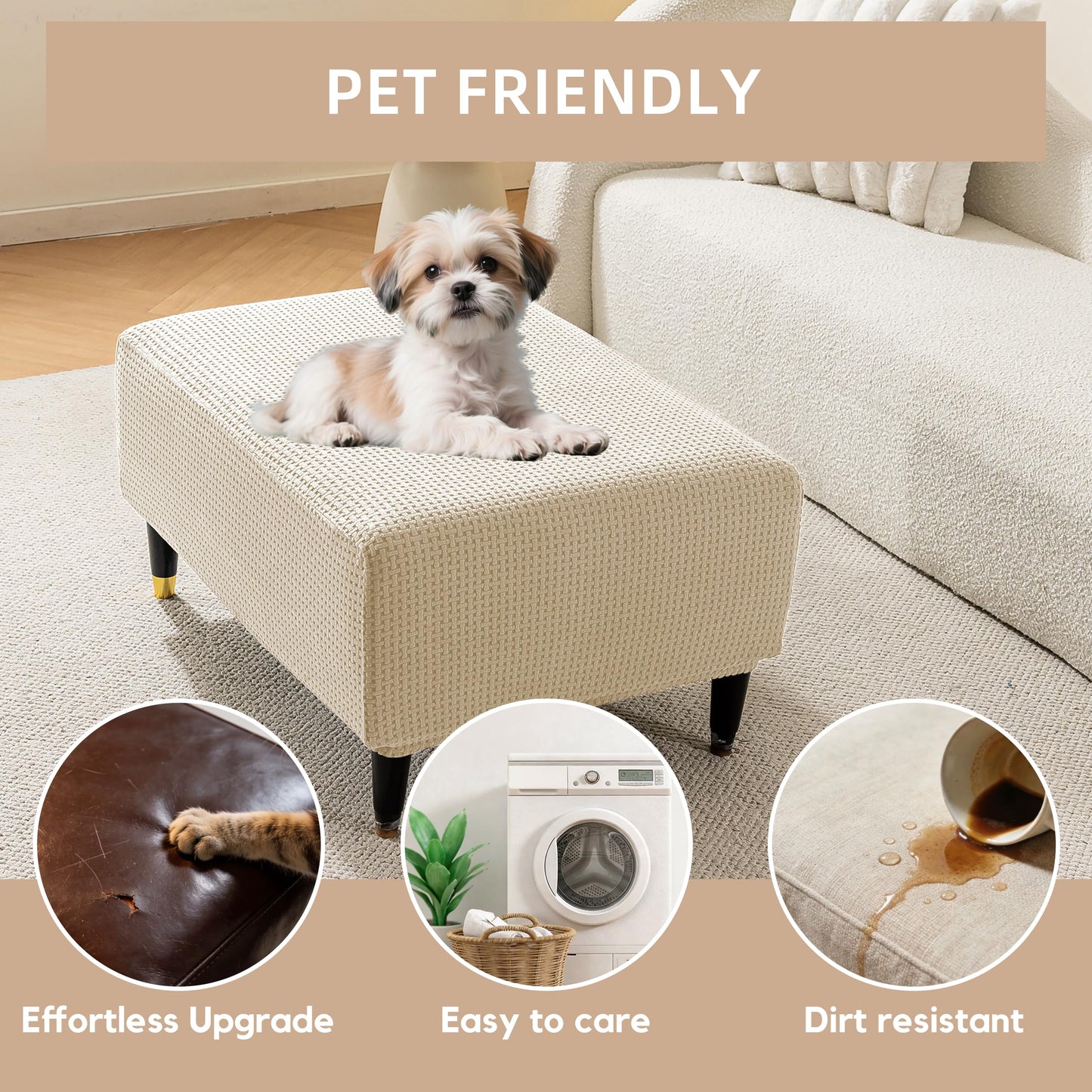 KaviKon Ottoman Cover Slipcover Rectangle Fit Length 25"-30" Stretch Foot Stool Slip Cover, Footrest Slipcovers Protector with Elastic Band, Ottoman Cover Removable Washable(Small,Grid Weave White)