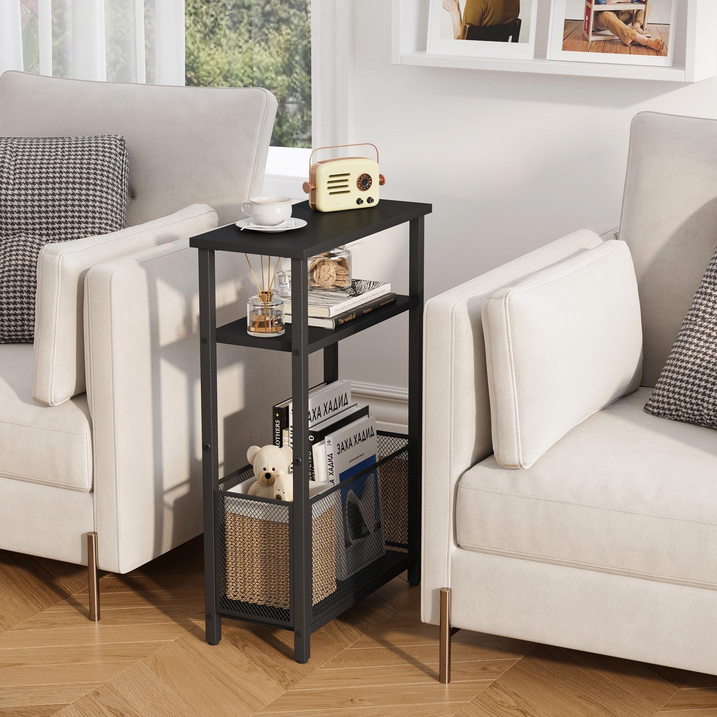 MMEOLUOOK Narrow Side Table with Storage Basket Skinny End Tables for Smalls Spaces 3 Tier Sofa Table Small Nightstand Slim Bedside Table for Living Room Bedroom Black MLBZ22B