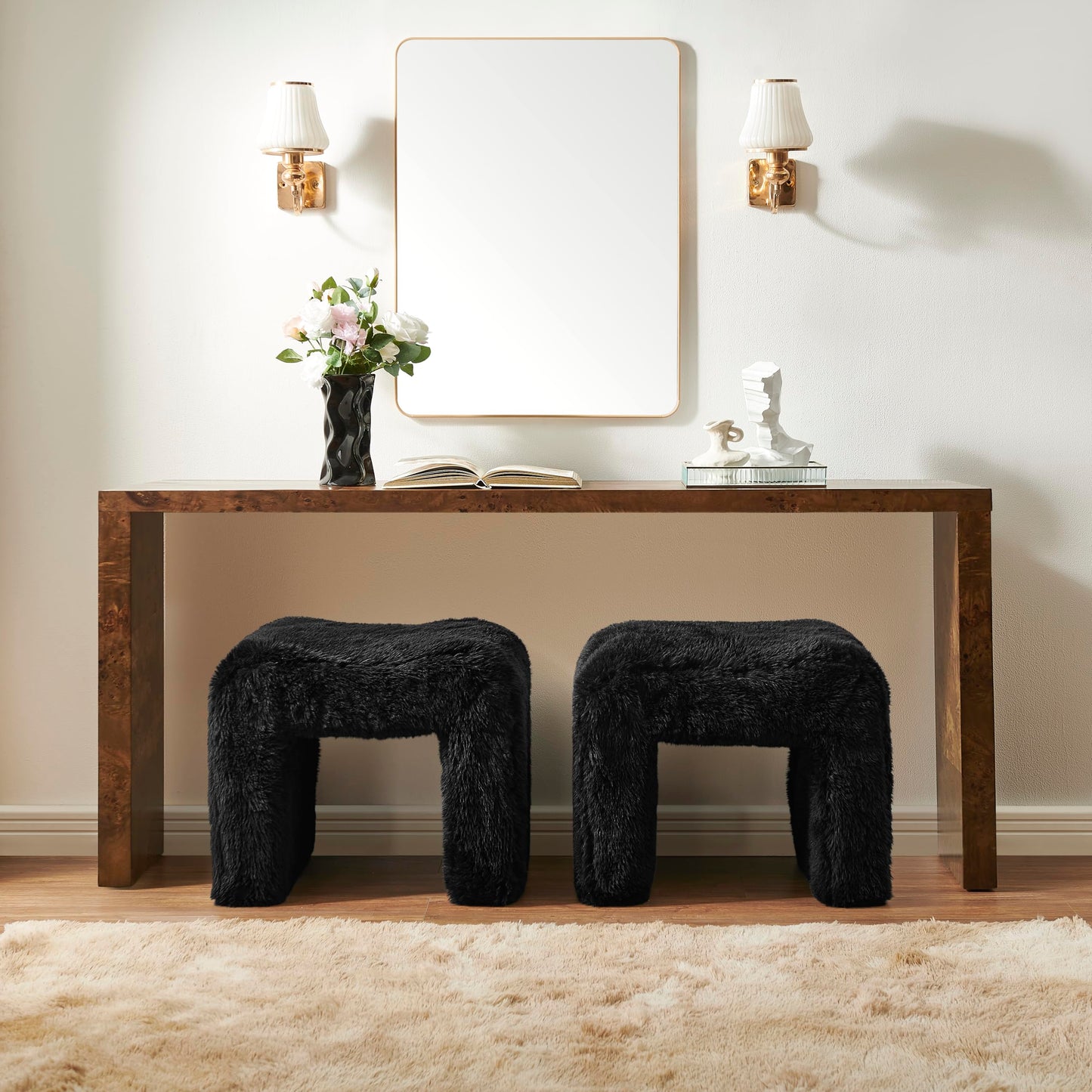 Roundhill Furniture Zorya Contemporary Faux Fur U-Shaped Ottoman, Set of 2, Black