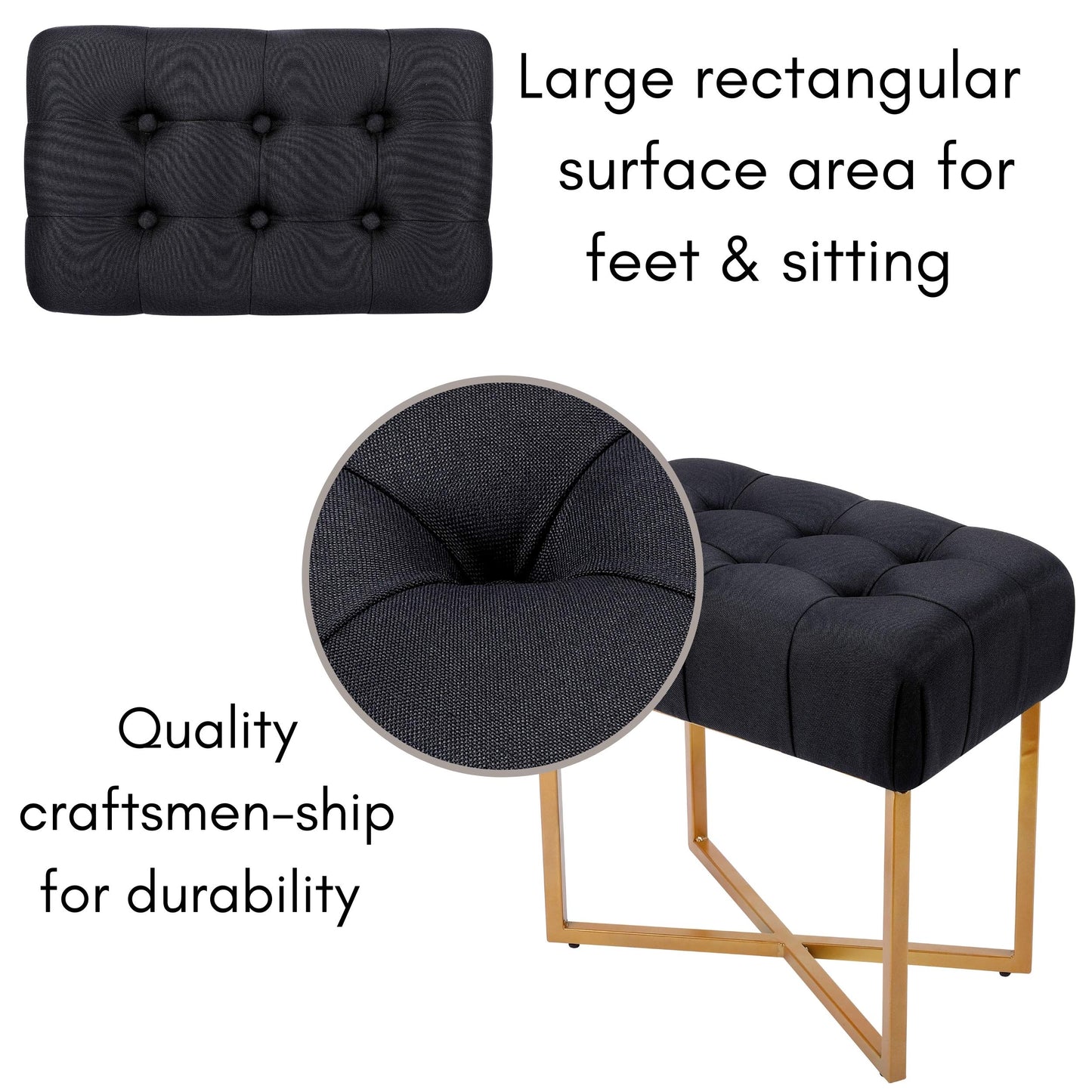 BIRDROCK HOME Rectangle Tufted Linen Ottoman Foot Rest - 19.7x11.82x17.73” Small Foot Stool with Legs - Padded Footrest Modern Ottomans for Living Room Furniture, Bedroom Footstool (Black)