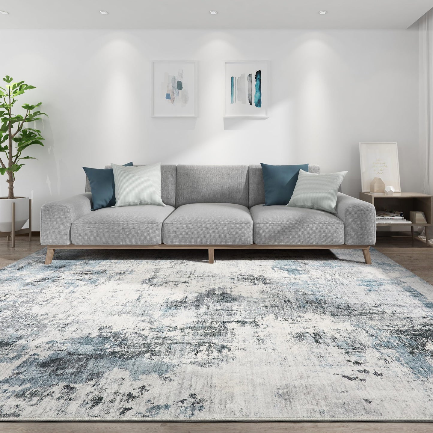 TARANCH Abstract 12x18 Area Rug: Machine Washable Non Slip Ultra Thin Low-Pile Carpet, Soft Stain Resistant for Living Room Bedroom Office, Kid Pet Friendly, Robot Vacuum Compatible - Grey Blue
