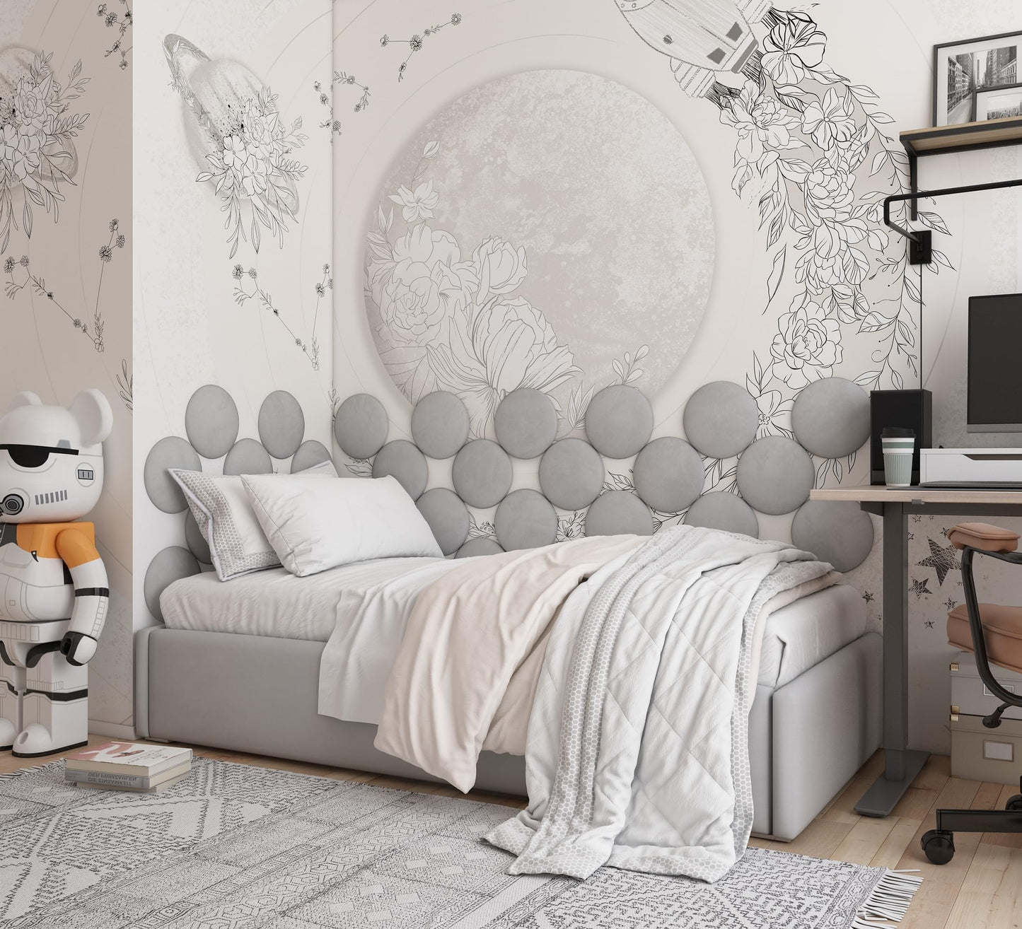 ua acoustics 4-Pack Soft Velour Upholstered Acoustic Wall Panels | Decorative Headboard Panels for Children's Room & Playroom | Cozy Wall Padding & Safety Railing | (Gray, 4X Round (25x25cm))